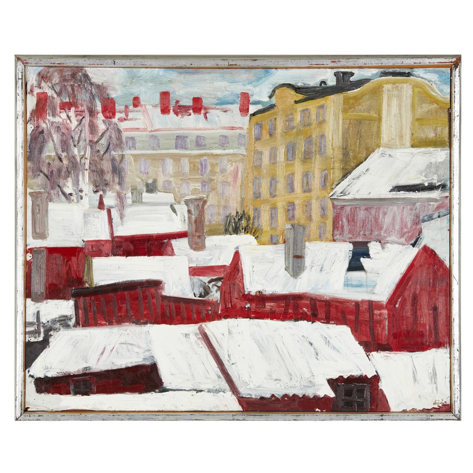 Mitte des 20. Jahrhunderts: Schwedisches Ölgemälde einer winterlichen Dachszene im Angebot