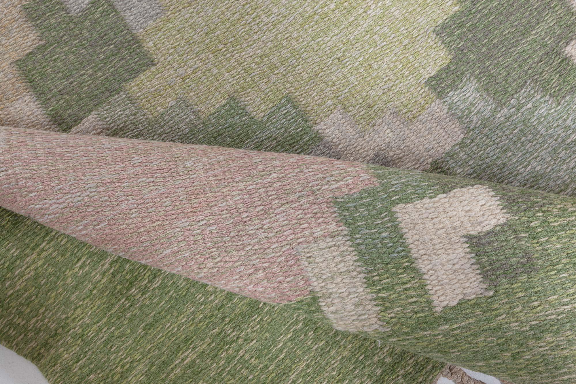 Mid-Century Modern Mid-20th Century Swedish Pea Green Background Flat Weave Rug by Ingegerd Silow For Sale