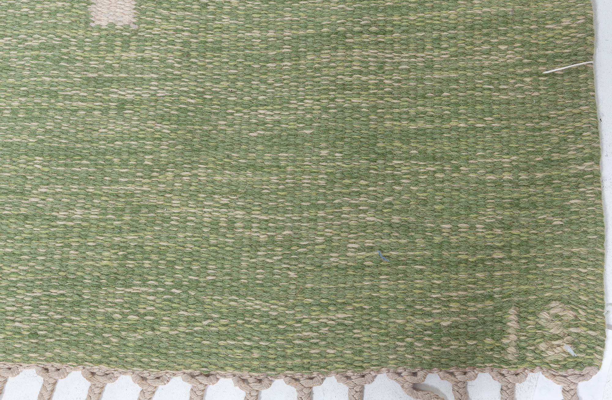 European Mid-20th Century Swedish Pea Green Background Flat Weave Rug by Ingegerd Silow For Sale