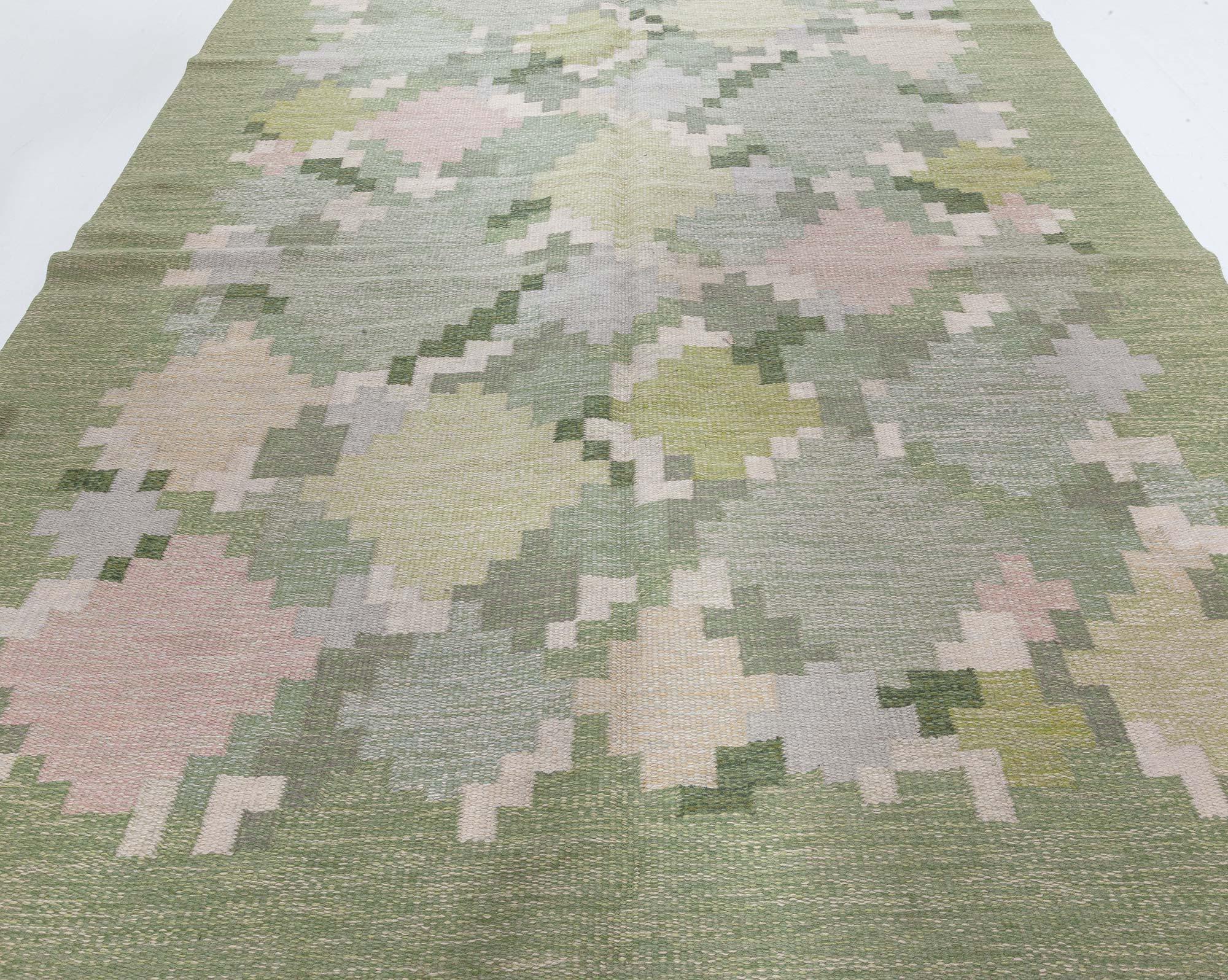 Hand-Woven Mid-20th Century Swedish Pea Green Background Flat Weave Rug by Ingegerd Silow For Sale