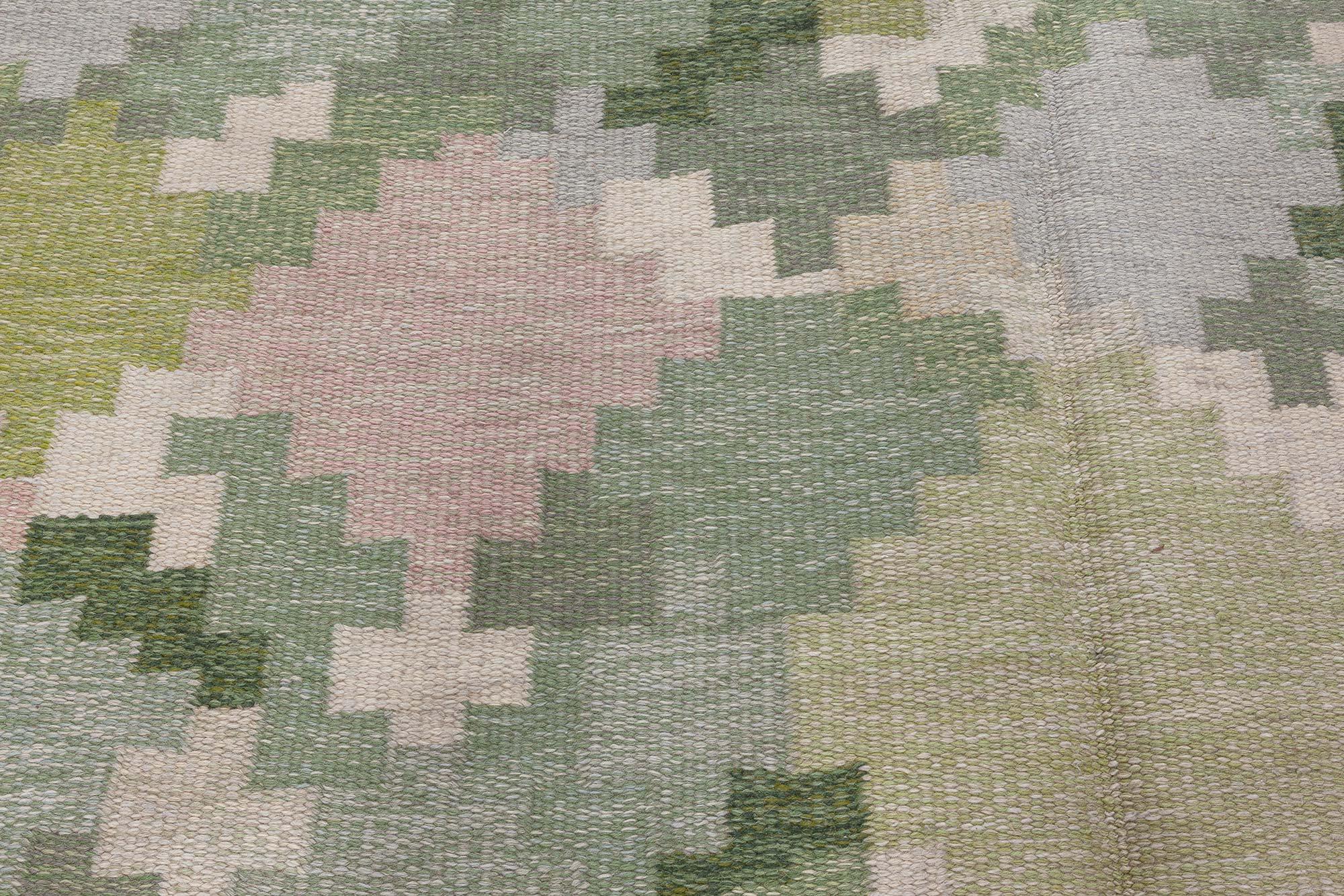 Mid-20th Century Swedish Pea Green Background Flat Weave Rug by Ingegerd Silow In Good Condition For Sale In New York, NY
