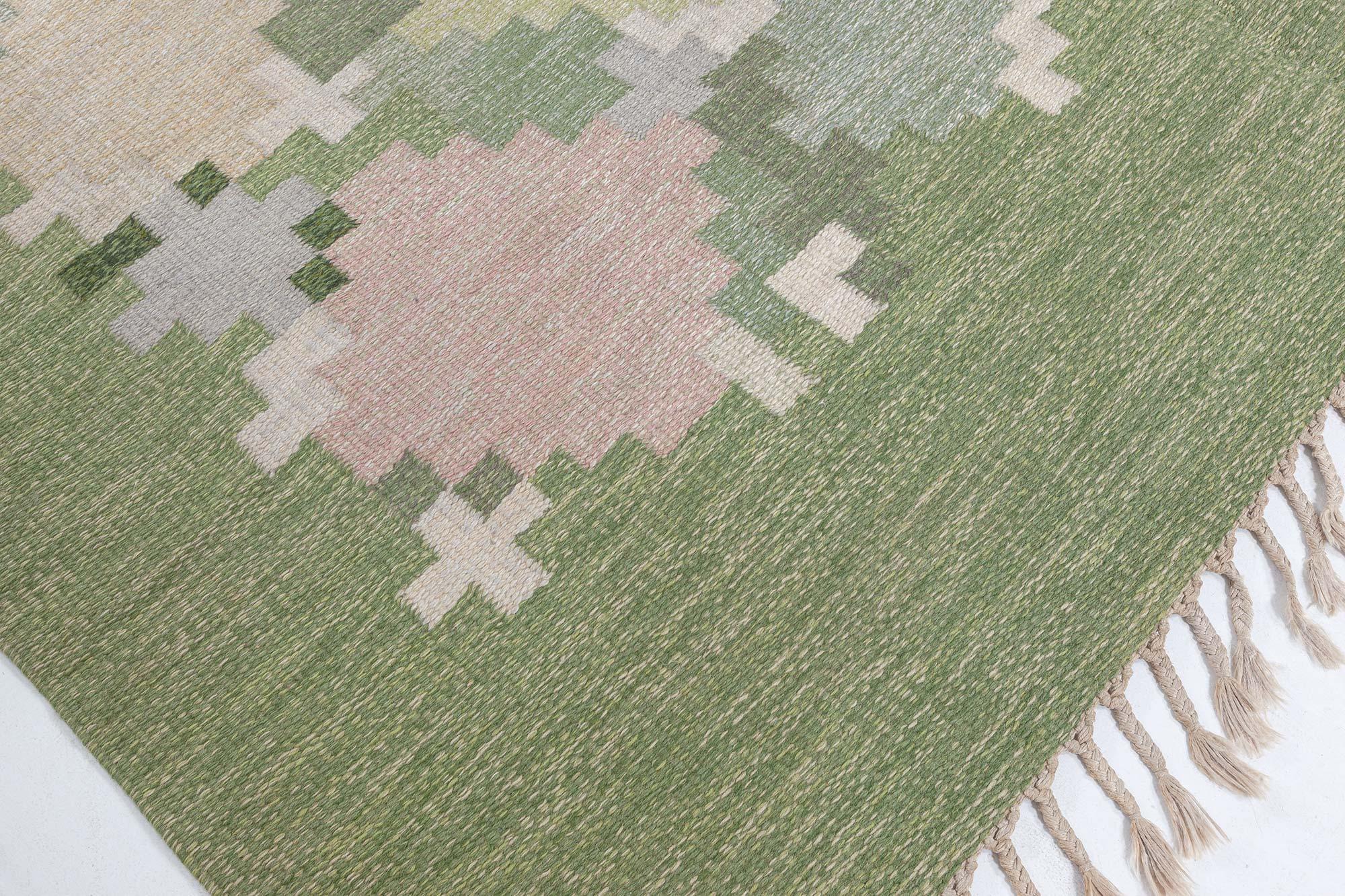 Wool Mid-20th Century Swedish Pea Green Background Flat Weave Rug by Ingegerd Silow For Sale