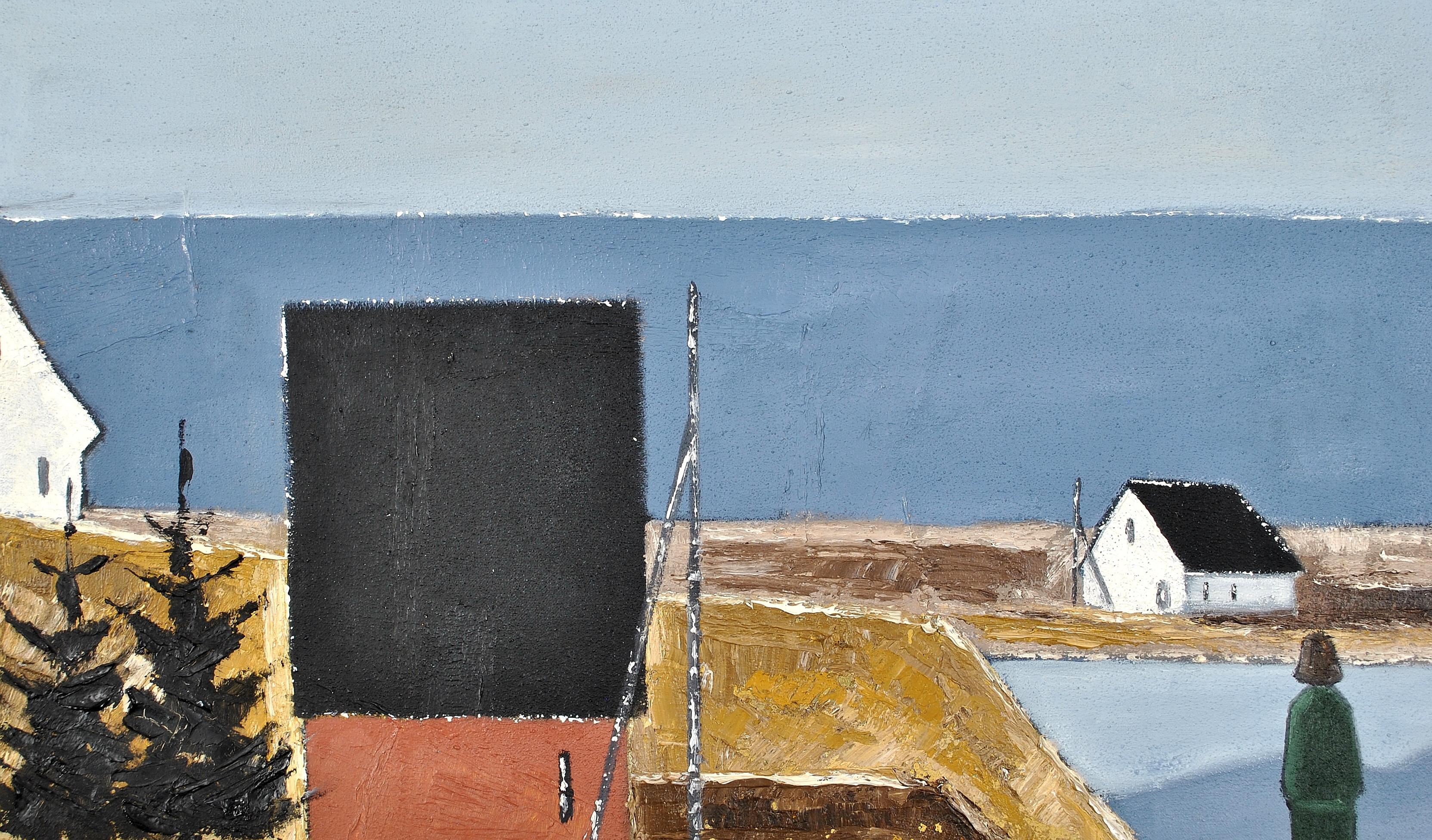Magnifique huile sur toile suédoise moderniste du milieu du XXe siècle représentant un personnage dans un paysage côtier. 

L'œuvre est peinte dans des tons sourds et dégage une énergie scandinave détendue et apaisante.

Signée avec des initiales en