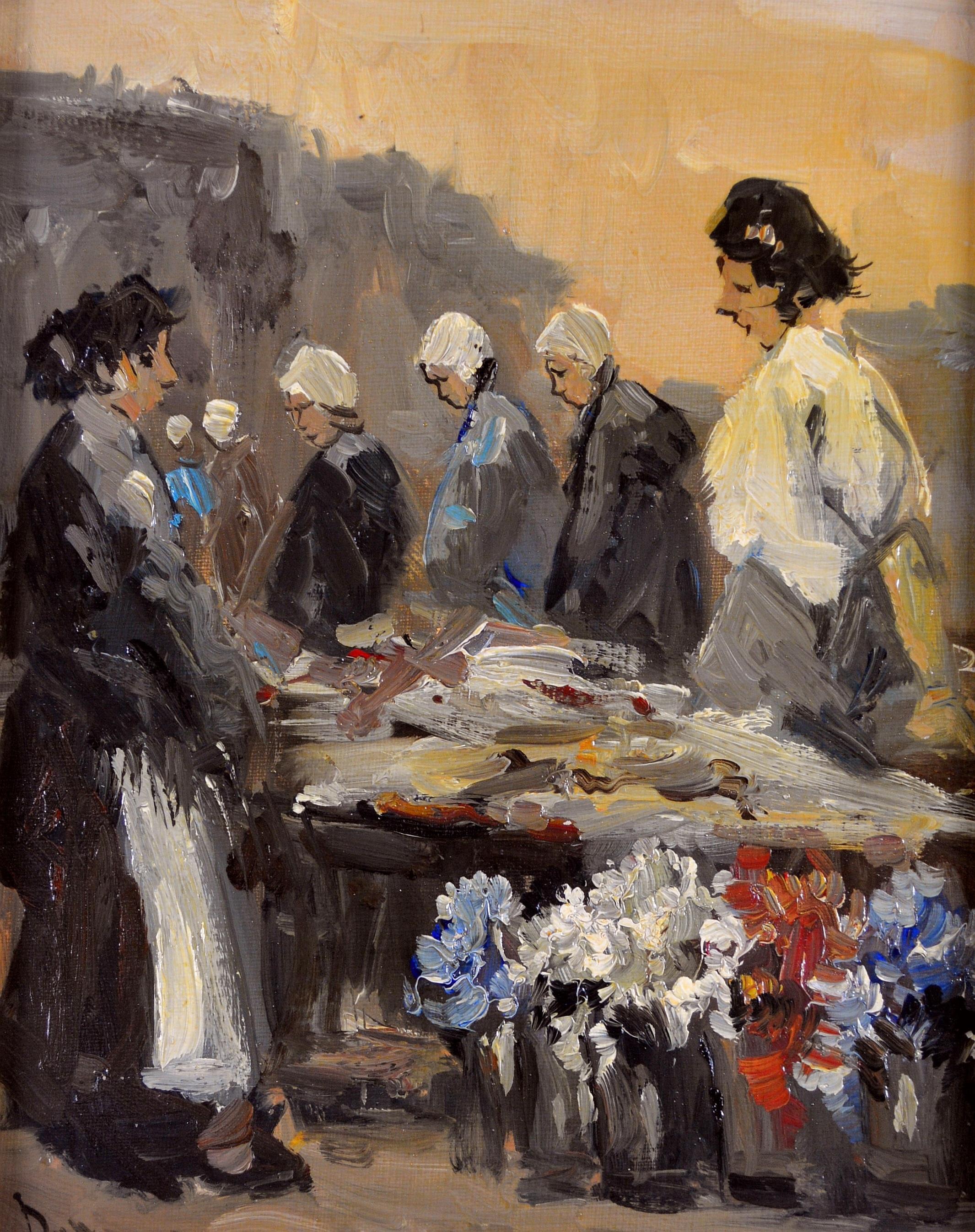 Marché aux fleurs - Peinture à l'huile figurative suédoise moderne du milieu du 20e siècle - Painting de Mid 20th Century Swedish School