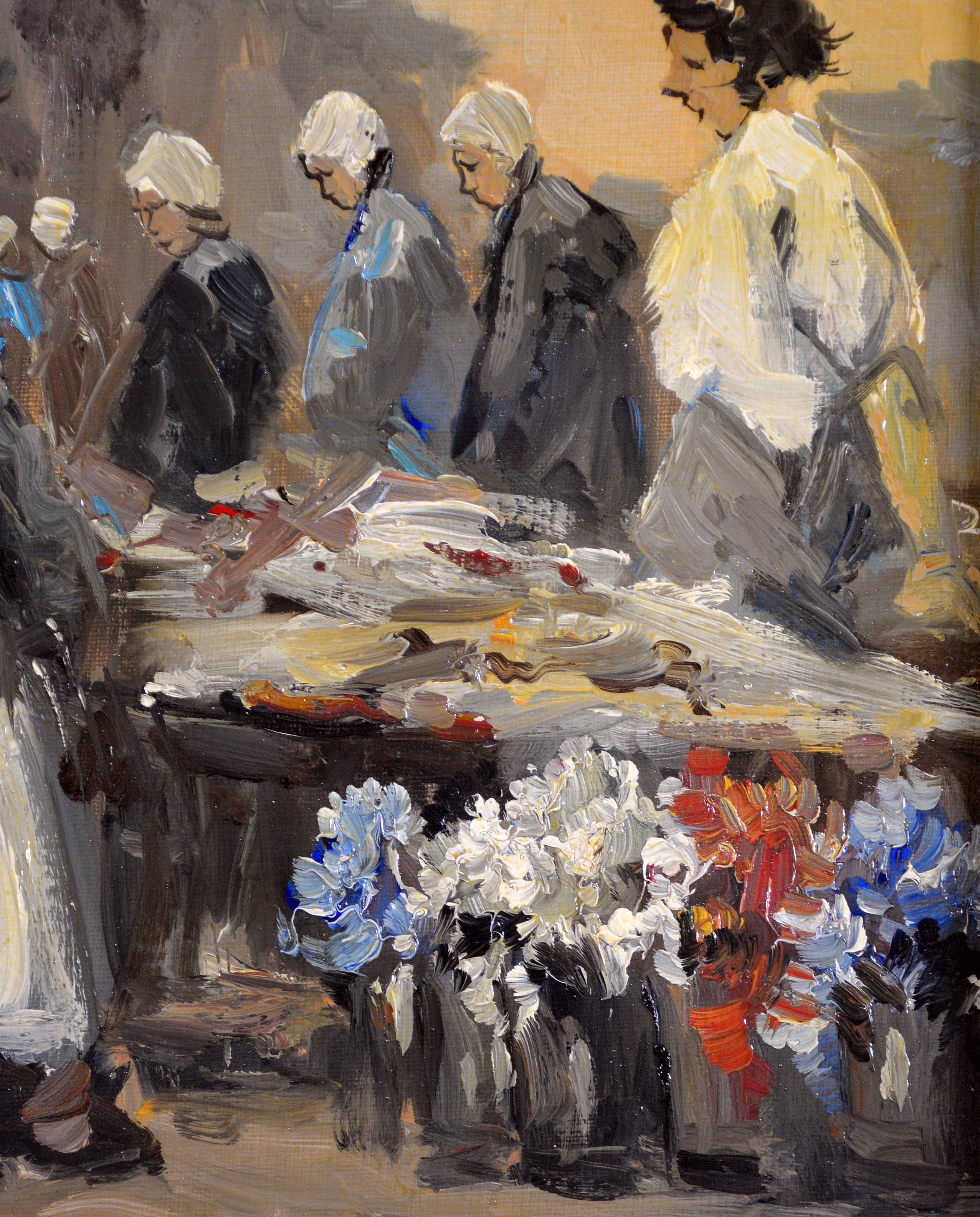 Marché aux fleurs - Peinture à l'huile figurative suédoise moderne du milieu du 20e siècle - Marron Figurative Painting par Mid 20th Century Swedish School