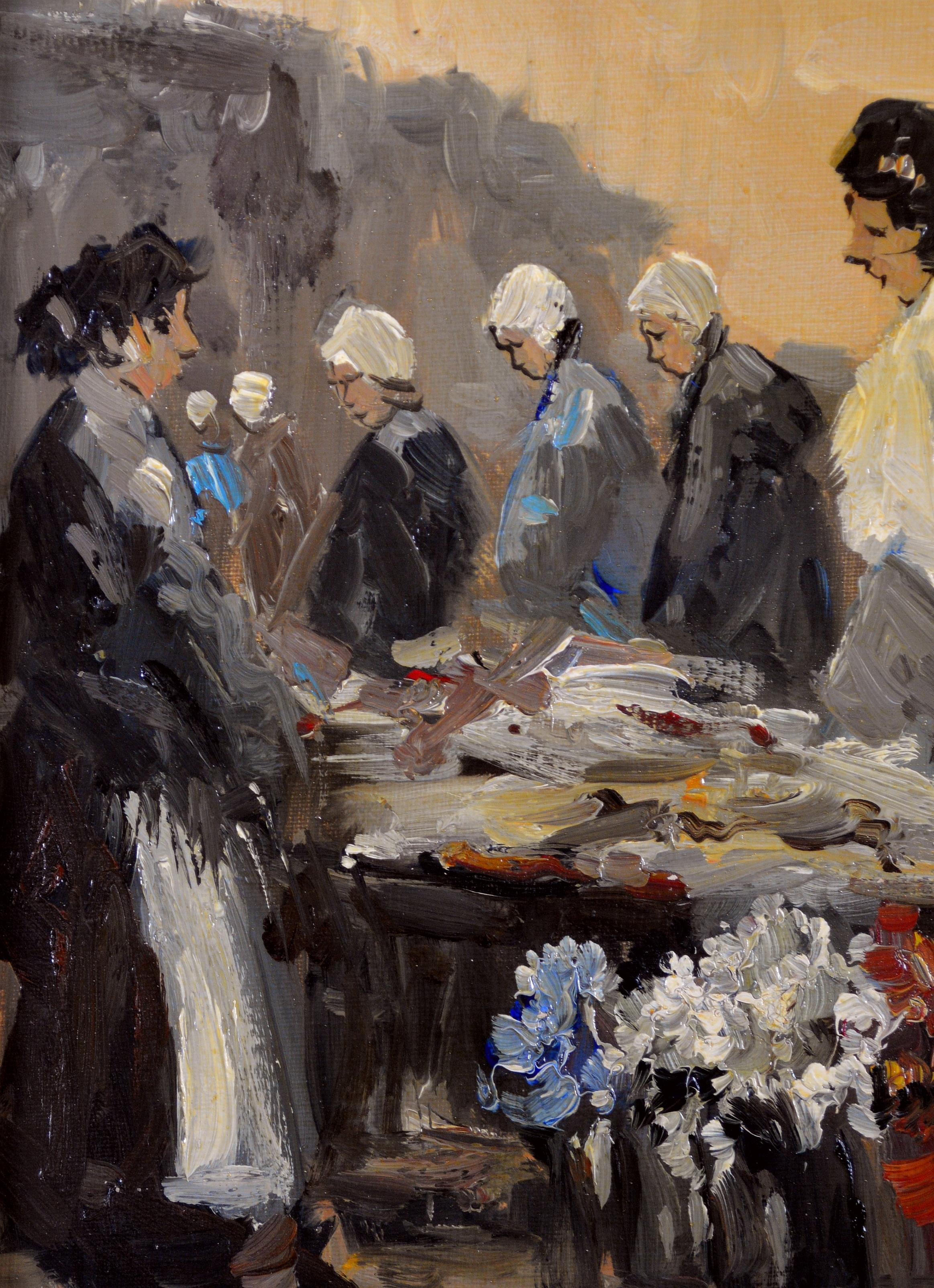 Magnifique huile figurative suédoise sur panneau du milieu du 20e siècle représentant des personnages sur un marché aux fleurs.

Travail d'excellente qualité en superbe état d'origine. Présenté dans un cadre en or.

Artistics : École suédoise,