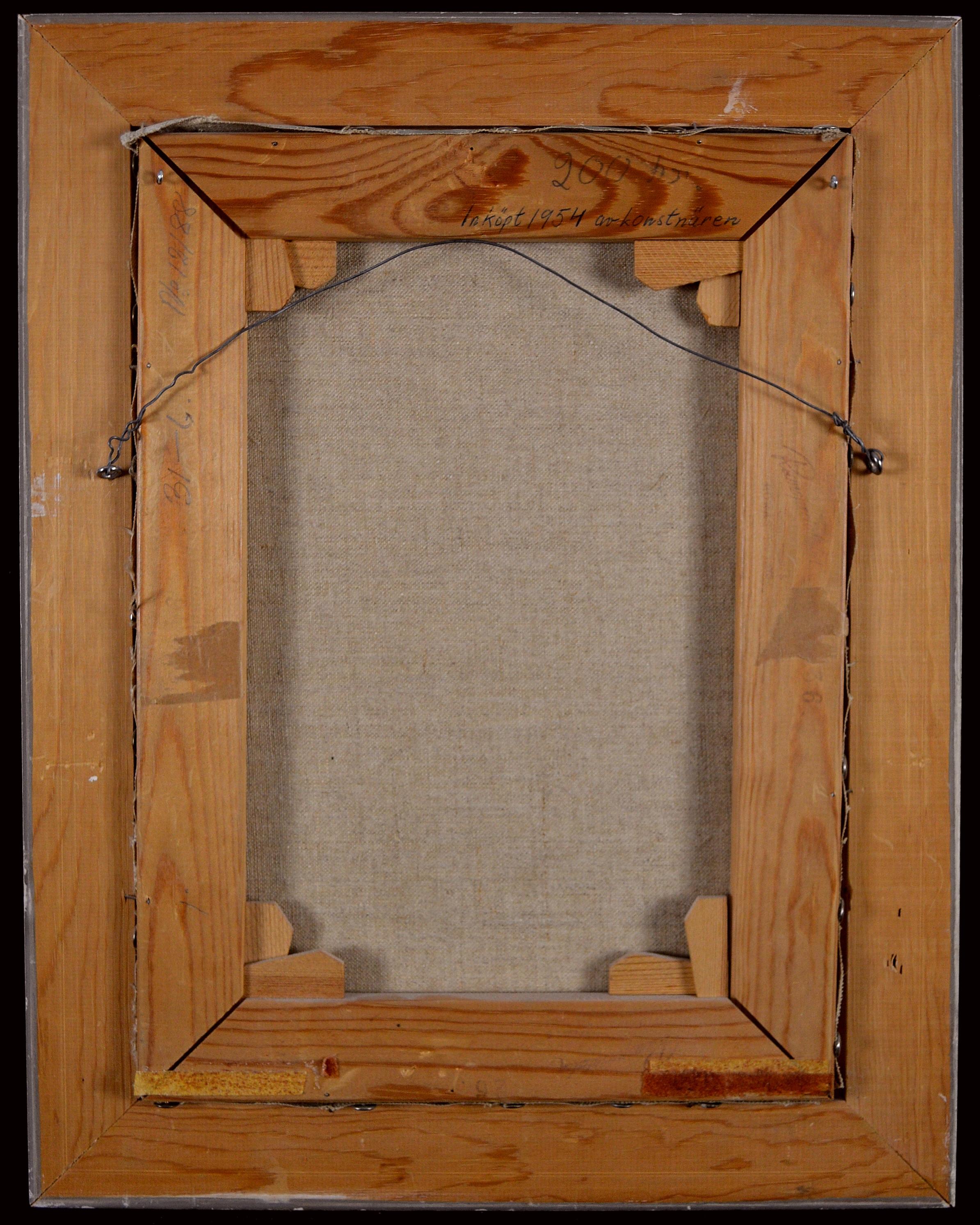 Ein schönes schwedisches Selbstporträt eines Künstlers mit Baskenmütze aus der Mitte des 20. Jahrhunderts in Öl auf Leinwand. Sehr dekoratives Werk im kubistischen Stil, das unten links signiert ist und in einem bemalten Holzrahmen präsentiert