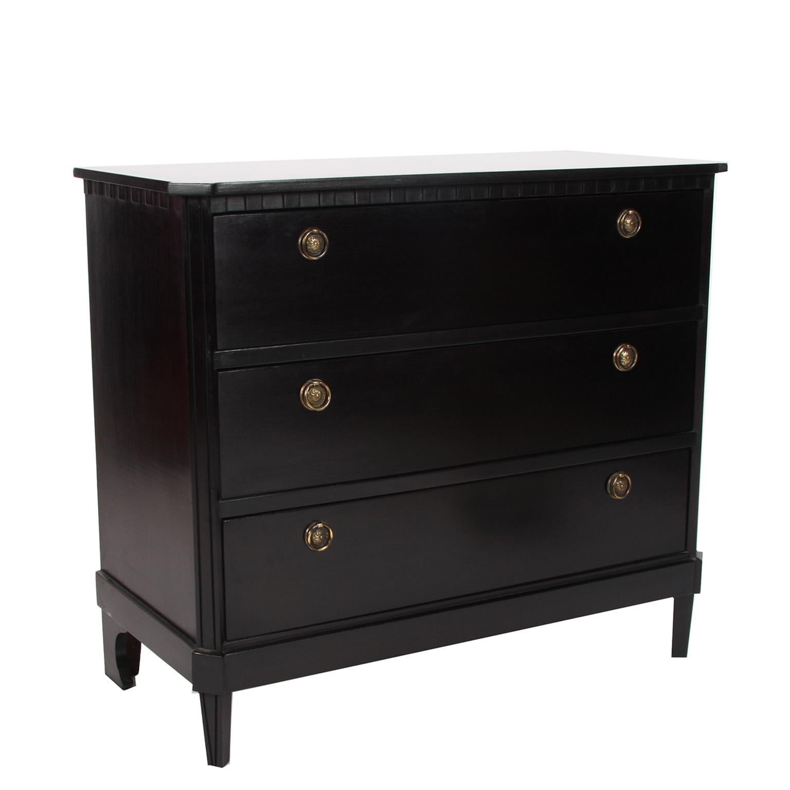 Brass Mid-20th Century Swedish Small Ebonised Chest of Drawers