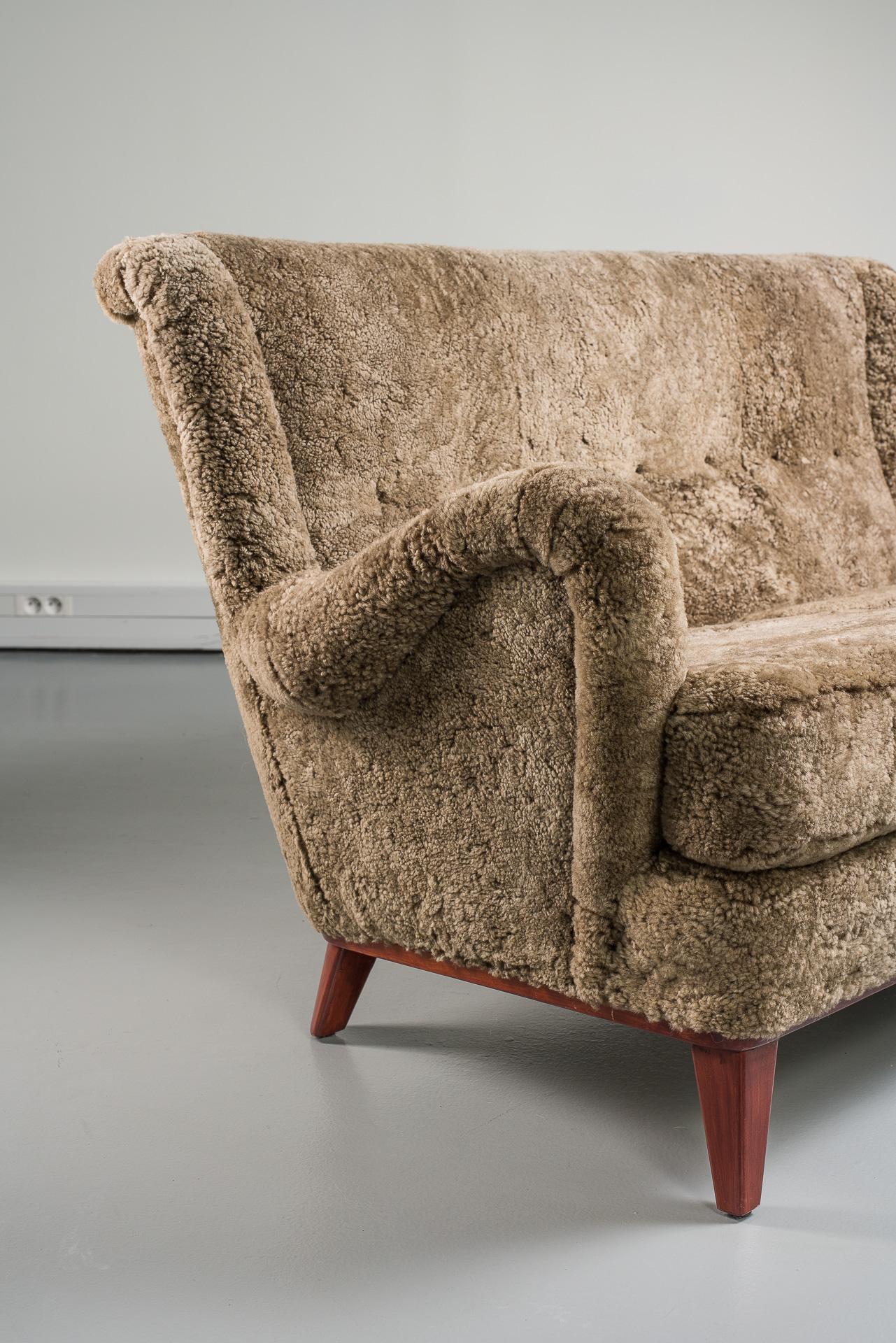 Mid-20th Century Swedish Sofa, Curly Lambskin Upholstery 8
