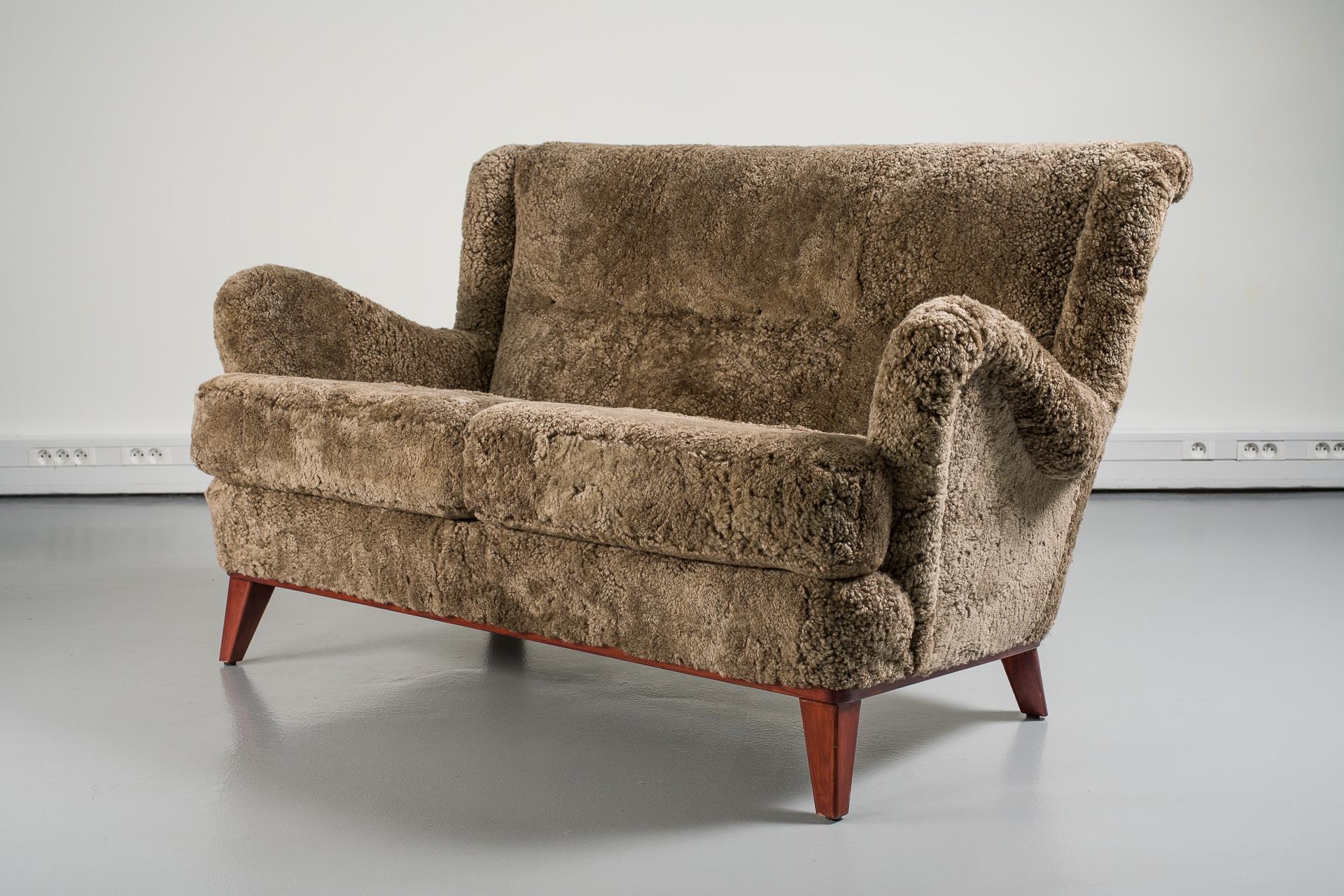 Scandinavian Modern Mid-20th Century Swedish Sofa, Curly Lambskin Upholstery