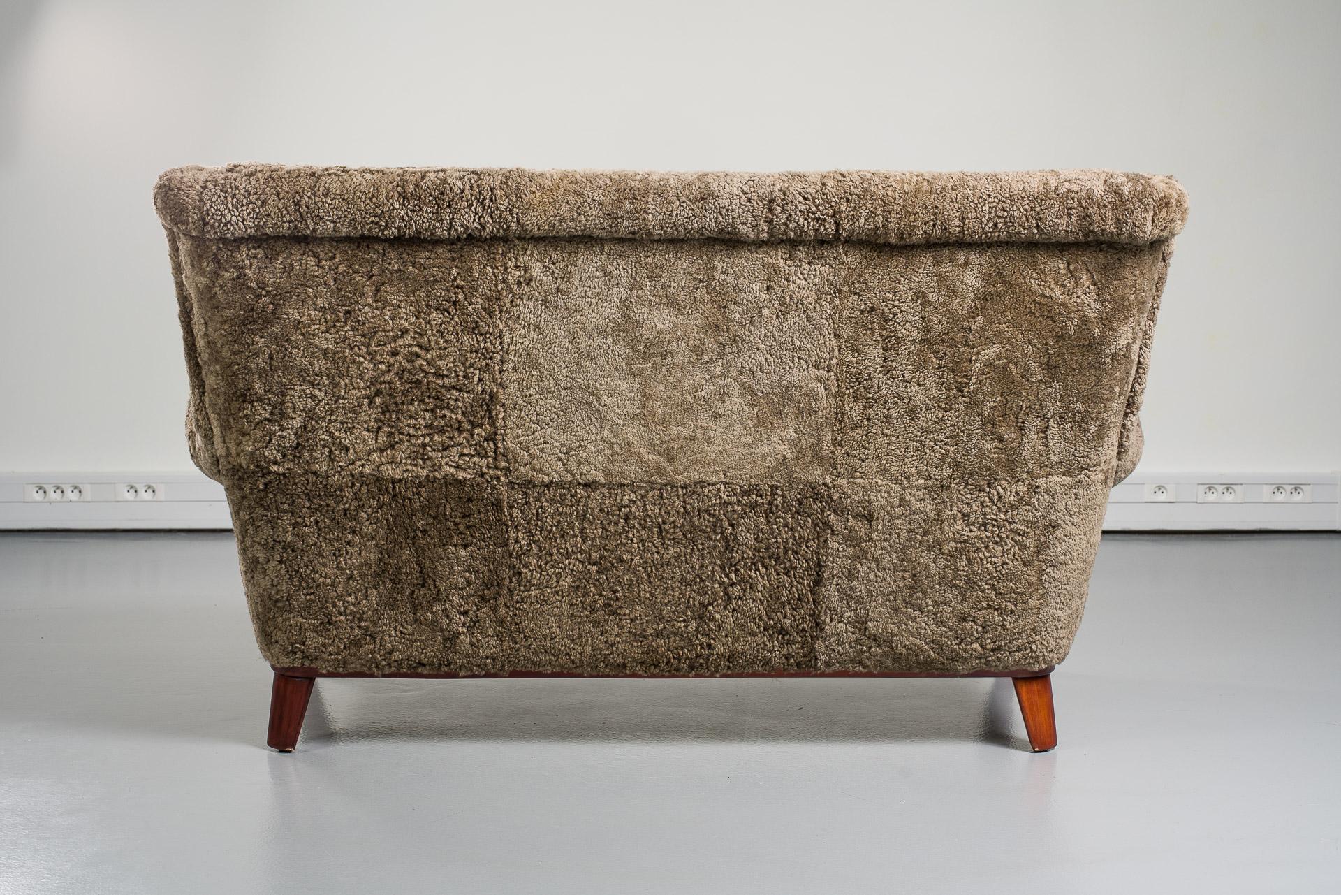 Mid-20th Century Swedish Sofa, Curly Lambskin Upholstery 1