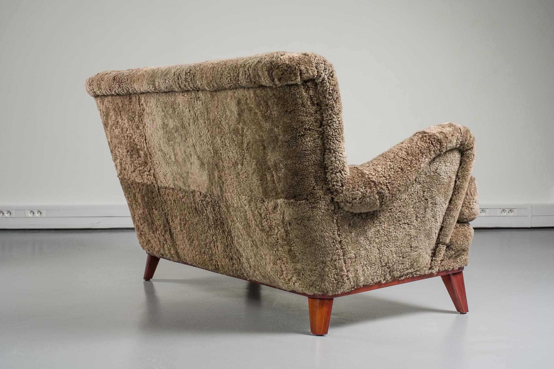 Mid-20th Century Swedish Sofa, Curly Lambskin Upholstery 2