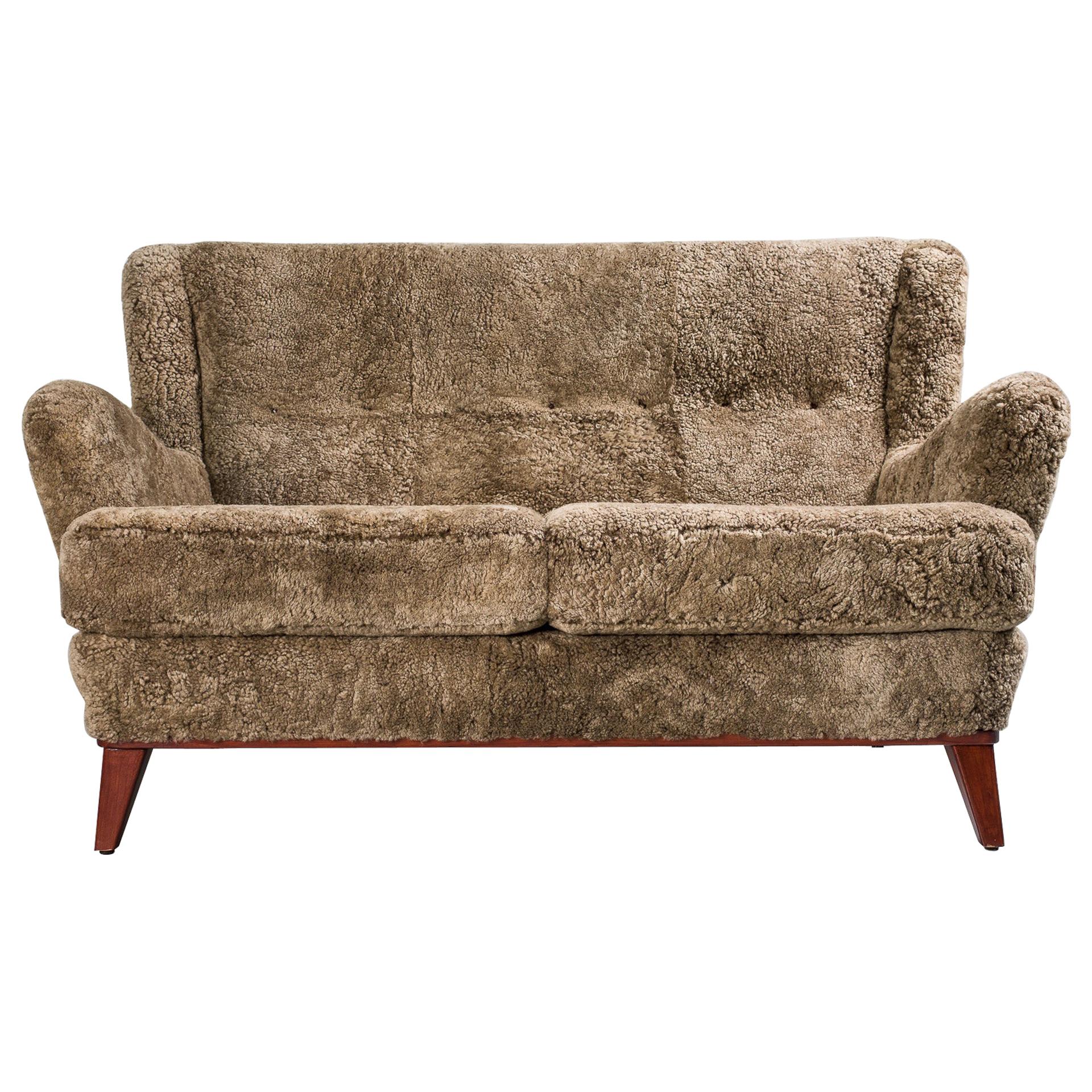 Mid-20th Century Swedish Sofa, Curly Lambskin Upholstery