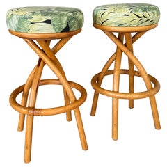 Mid-20th Century Swivel Twist Rattan Barstools in the Manner of Paul Frankl — Pa