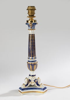 Mid 20th Century - Table Lamp - French - Hand Painted Porcelain - Blue and Gilt