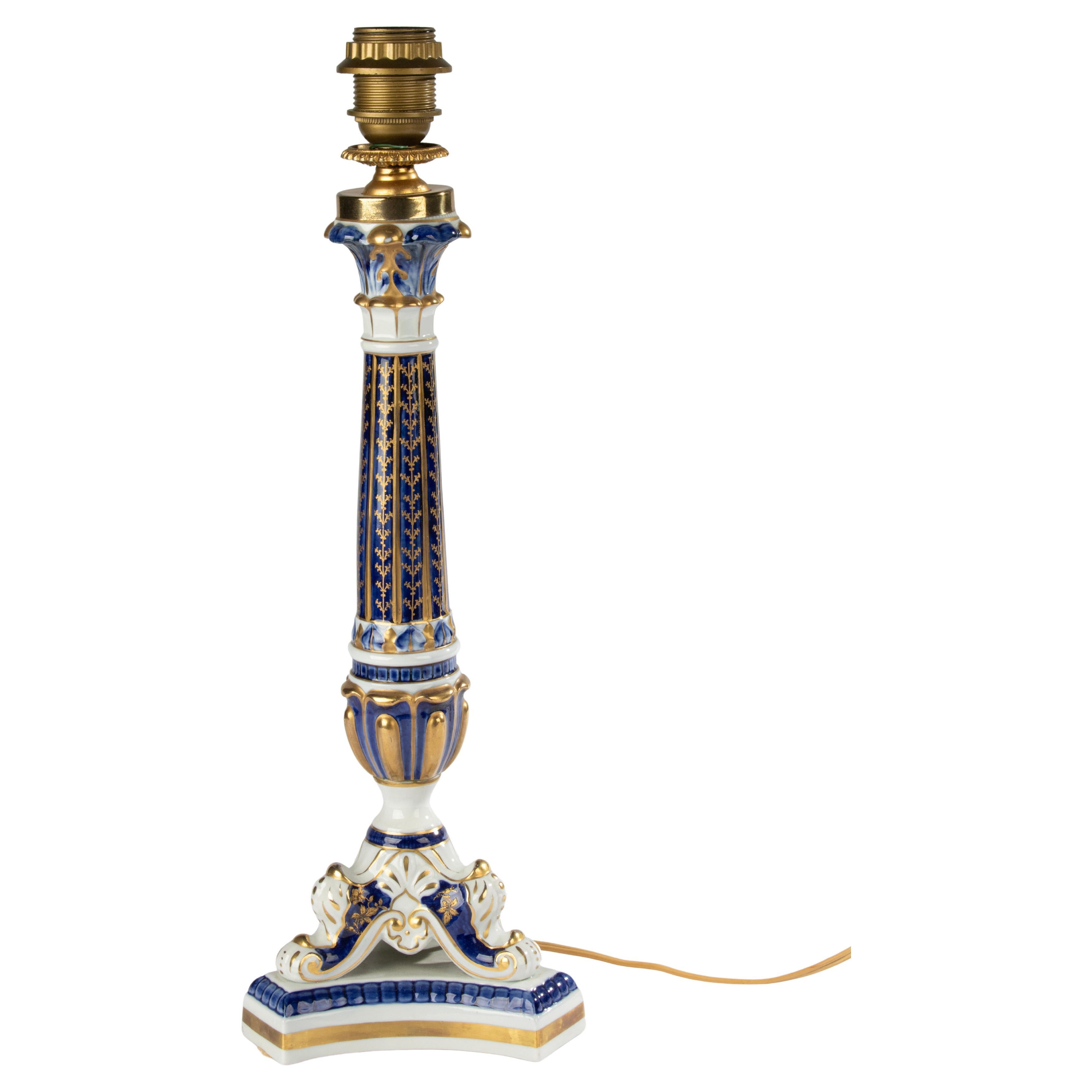 Mid 20th Century - Table Lamp - French - Hand Painted Porcelain - Blue and Gilt For Sale
