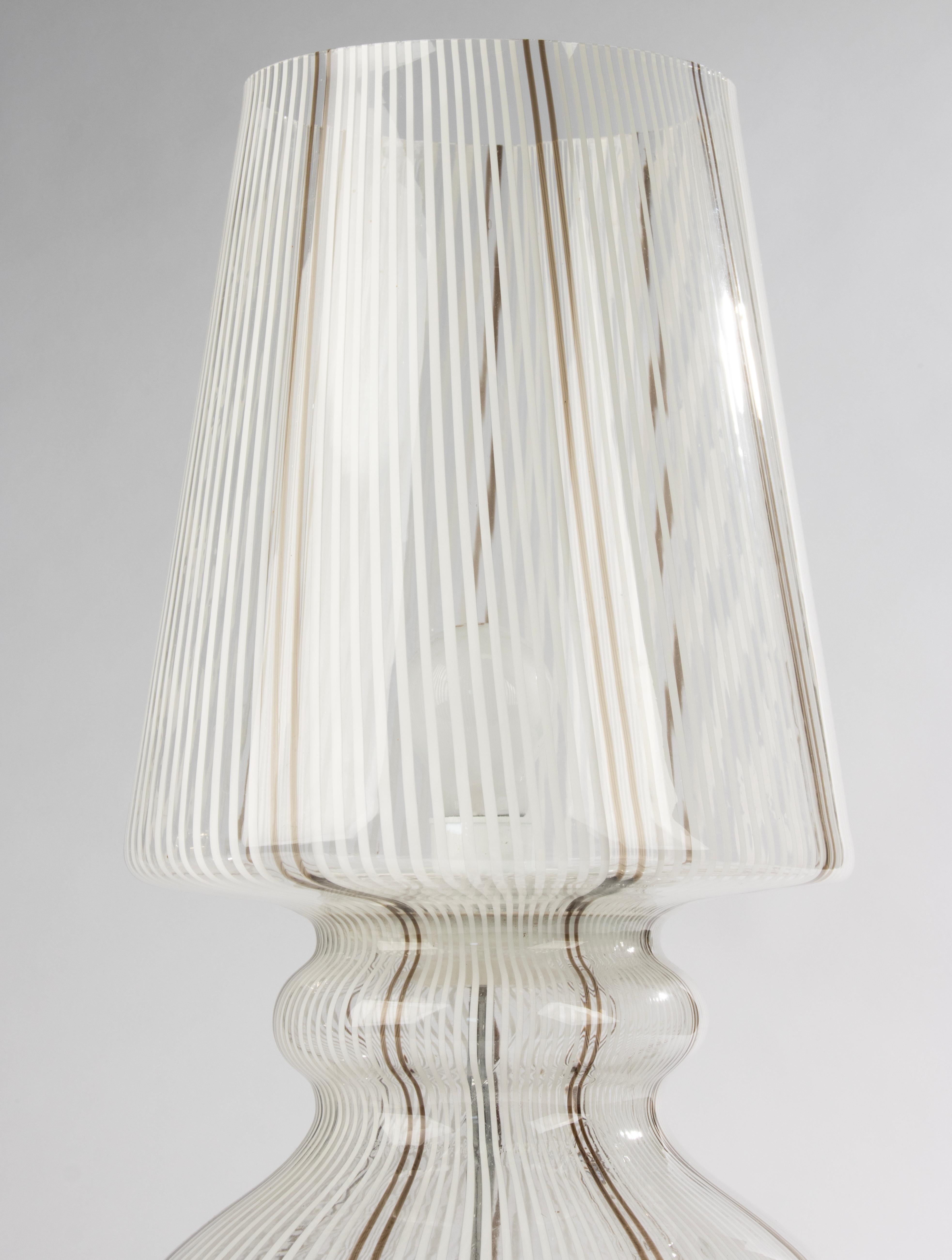 Modern Mid-20th Century Table Lamp - Murano - Glass and Wood - White and Brown Stripes For Sale