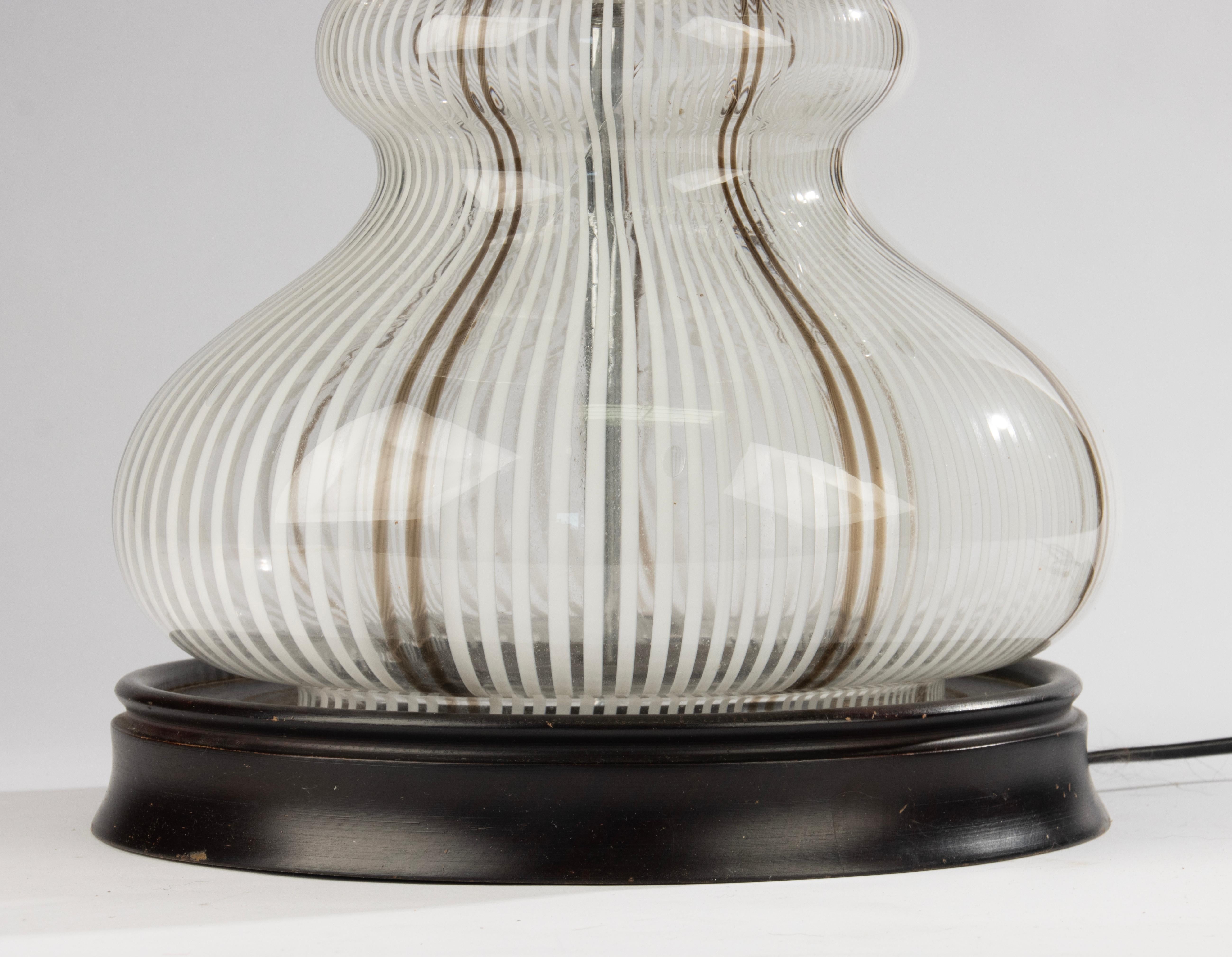 Italian Mid-20th Century Table Lamp - Murano - Glass and Wood - White and Brown Stripes For Sale