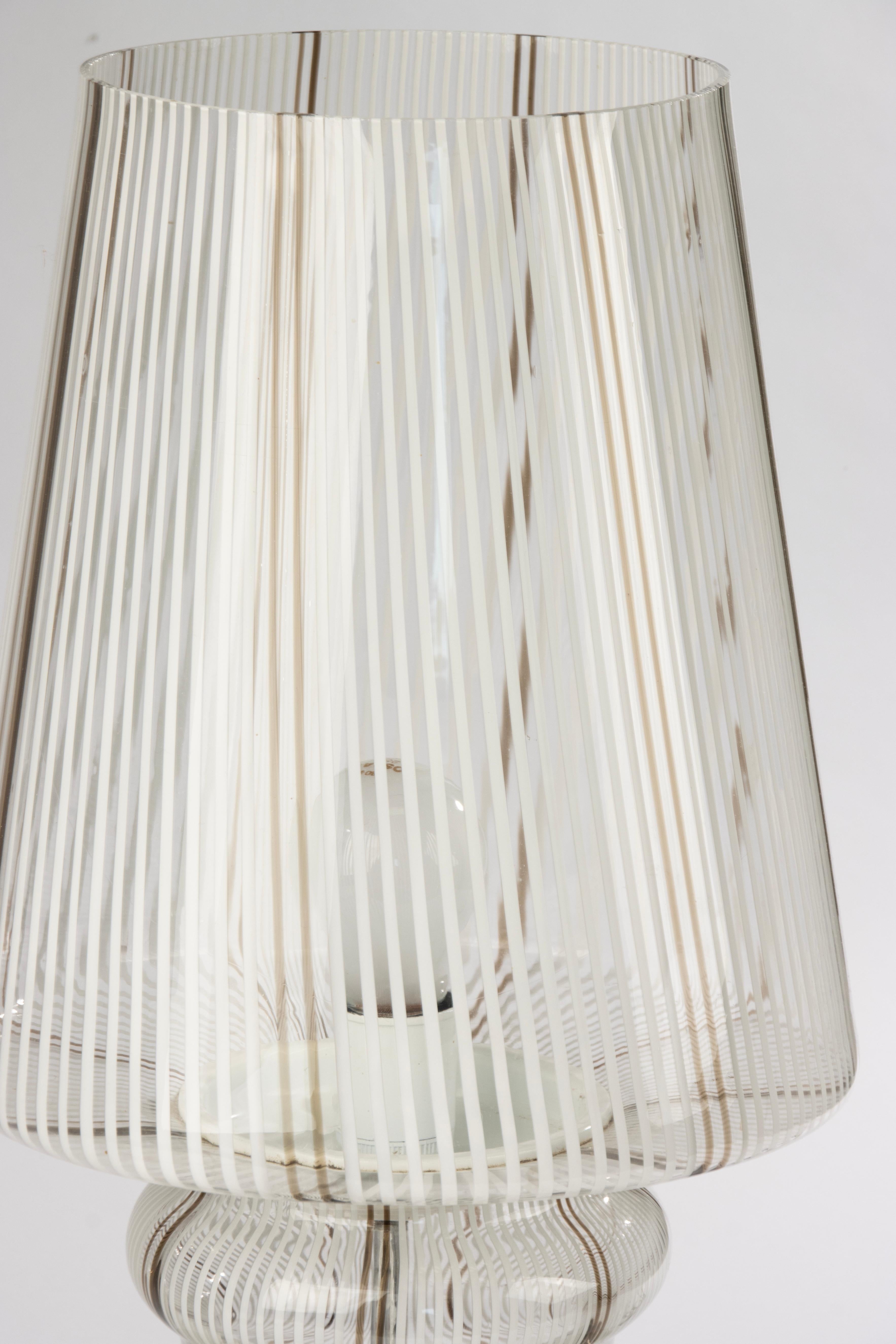 Mid-20th Century Table Lamp - Murano - Glass and Wood - White and Brown Stripes For Sale 1