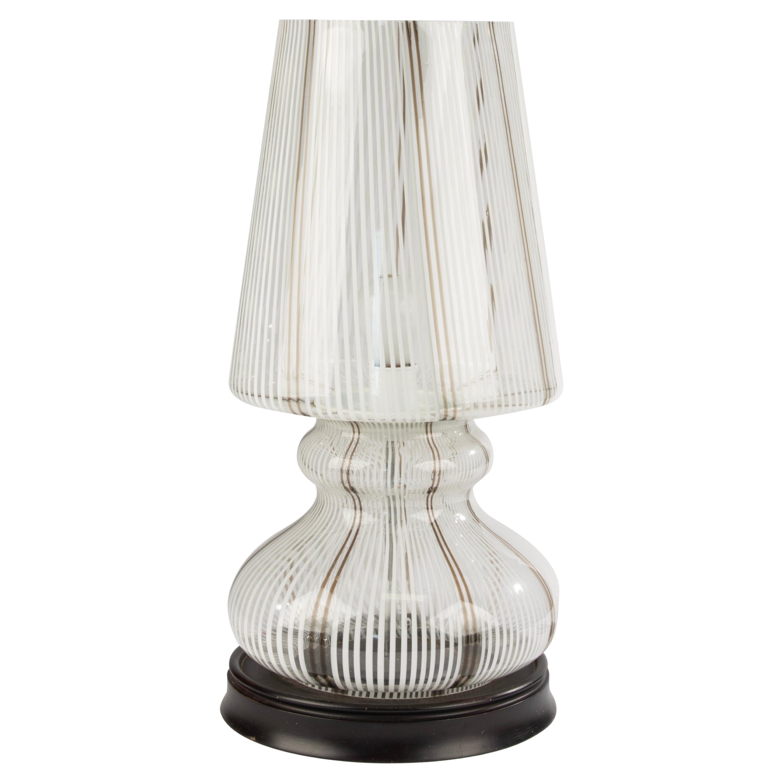 Mid-20th Century Table Lamp - Murano - Glass and Wood - White and Brown Stripes For Sale