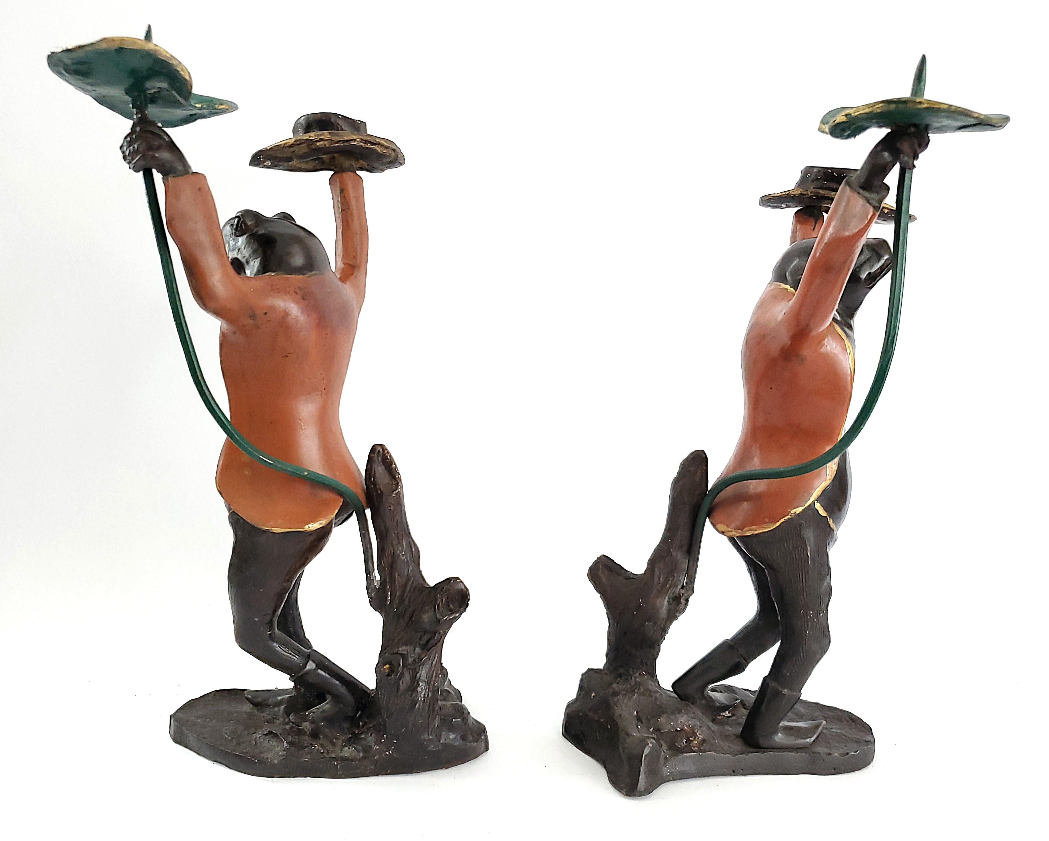Mid 20th Century Tall Frog Candlesticks Painted Bronze Patina Book Match Pair For Sale 5