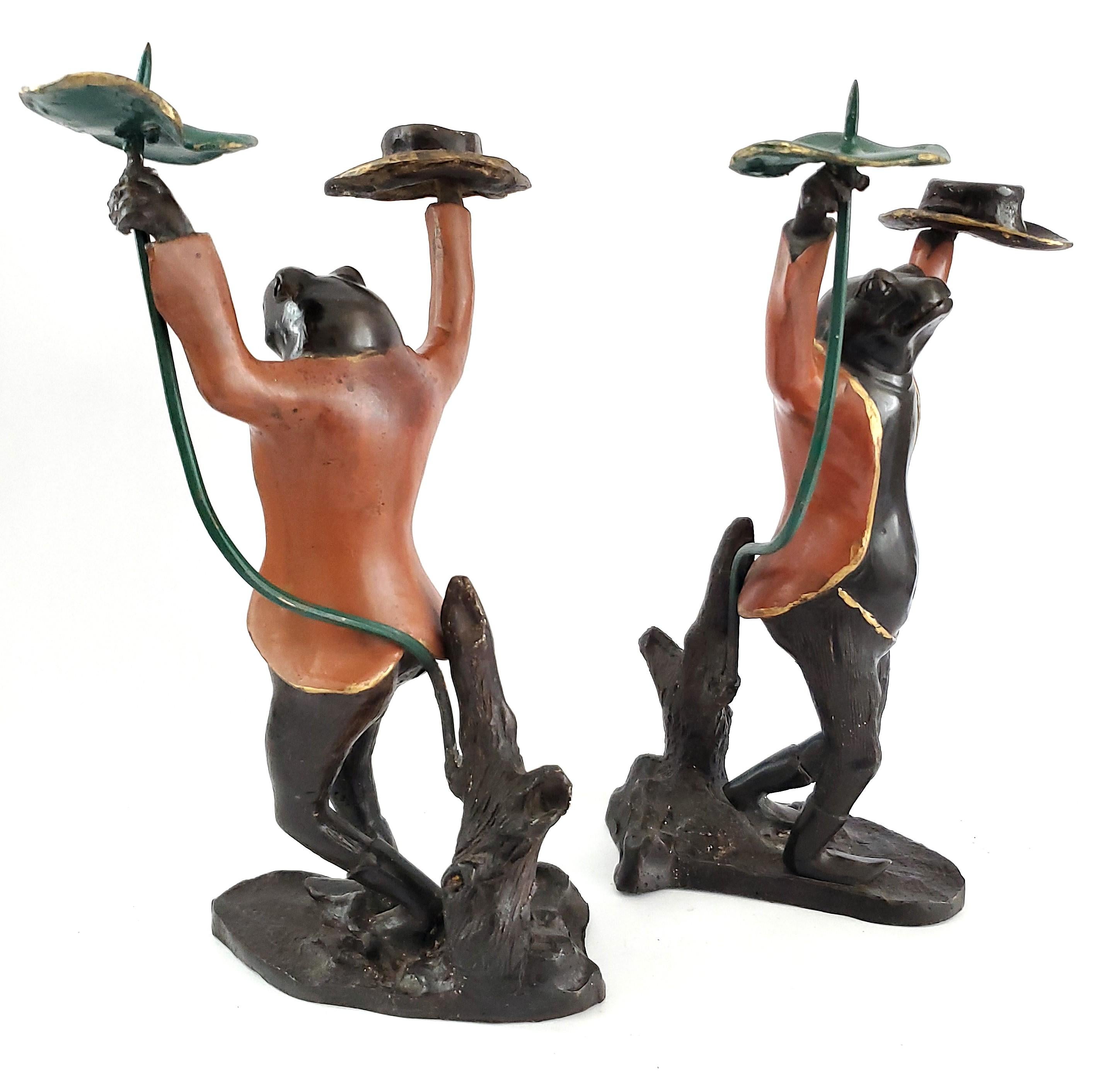 Mid 20th Century Tall Frog Candlesticks Painted Bronze Patina Book Match Pair For Sale 6