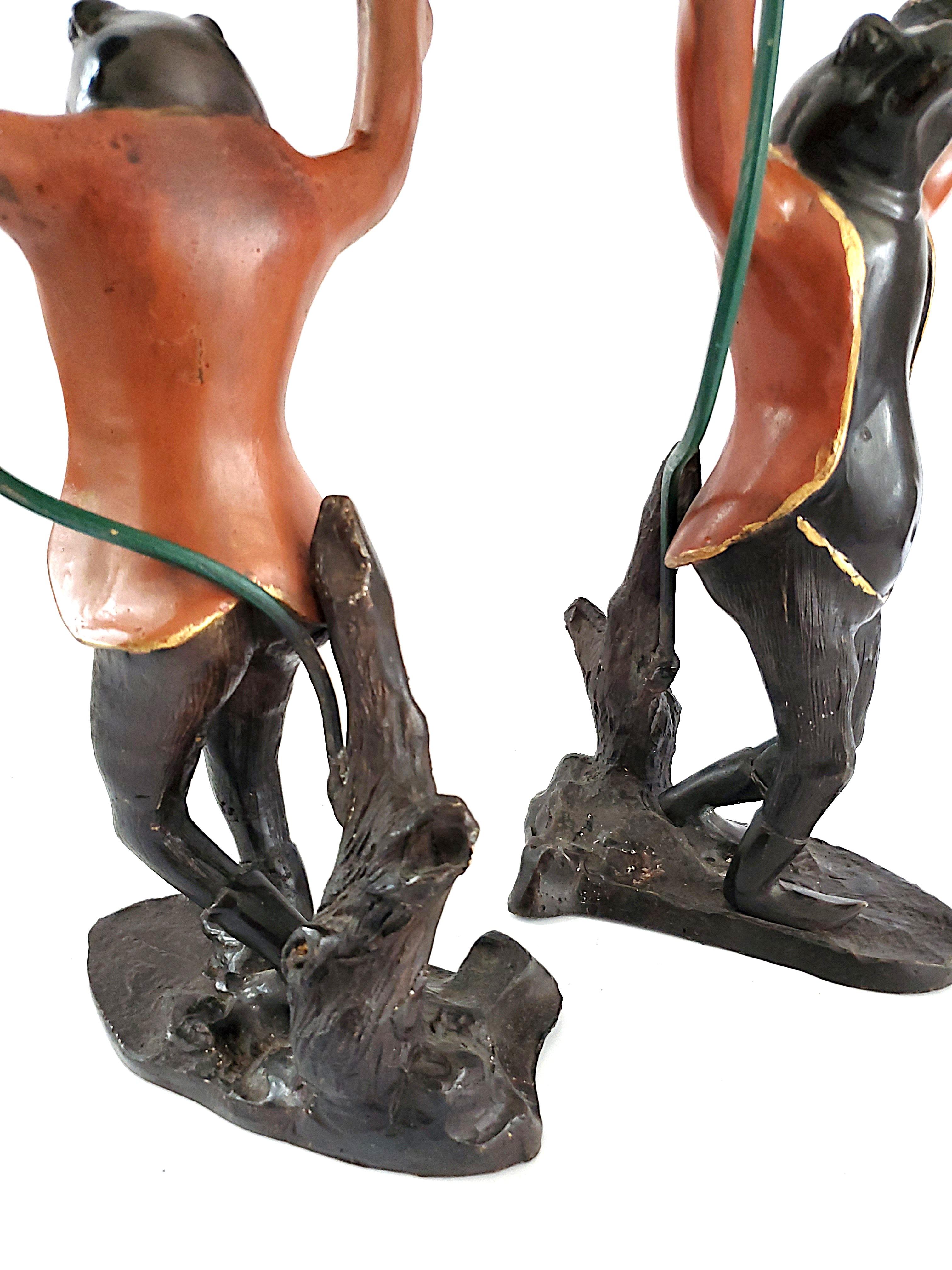Mid 20th Century Tall Frog Candlesticks Painted Bronze Patina Book Match Pair For Sale 7