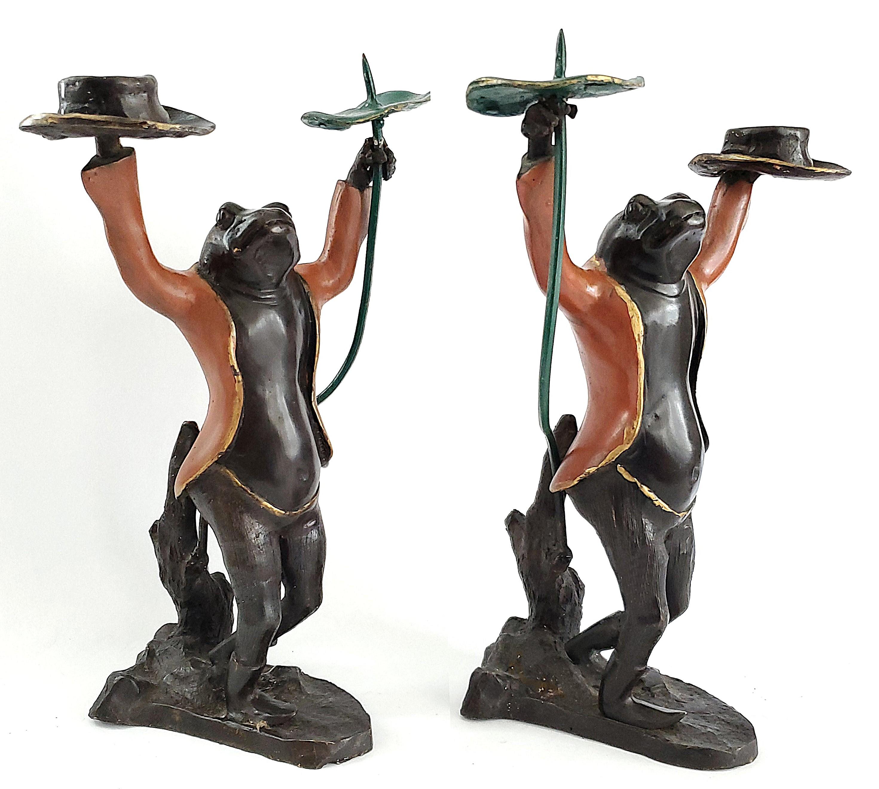 Mid 20th Century Tall Frog Candlesticks Painted Bronze Patina Book Match Pair For Sale 13