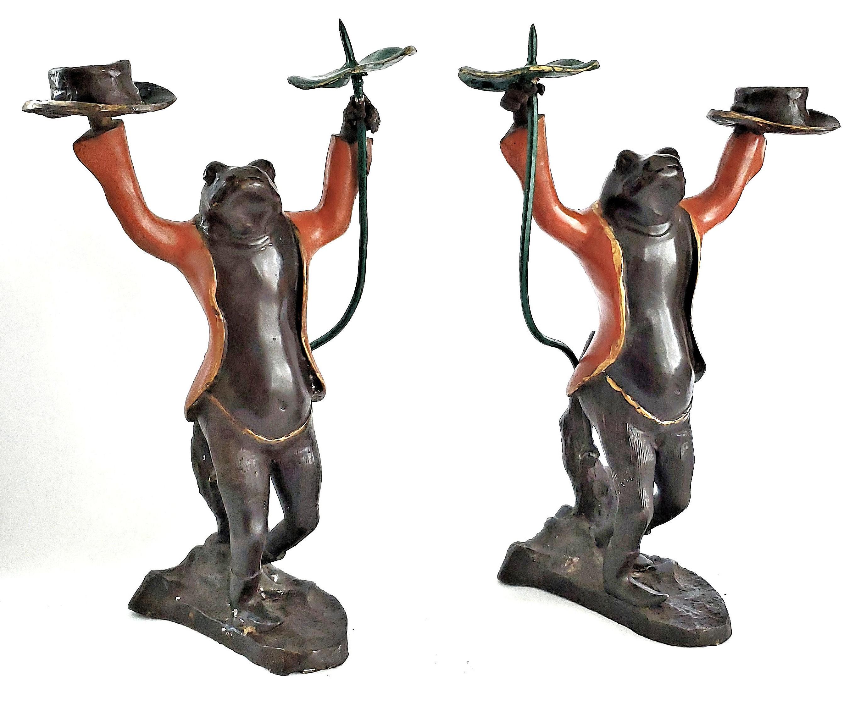 Art Deco Mid 20th Century Tall Frog Candlesticks Painted Bronze Patina Book Match Pair For Sale