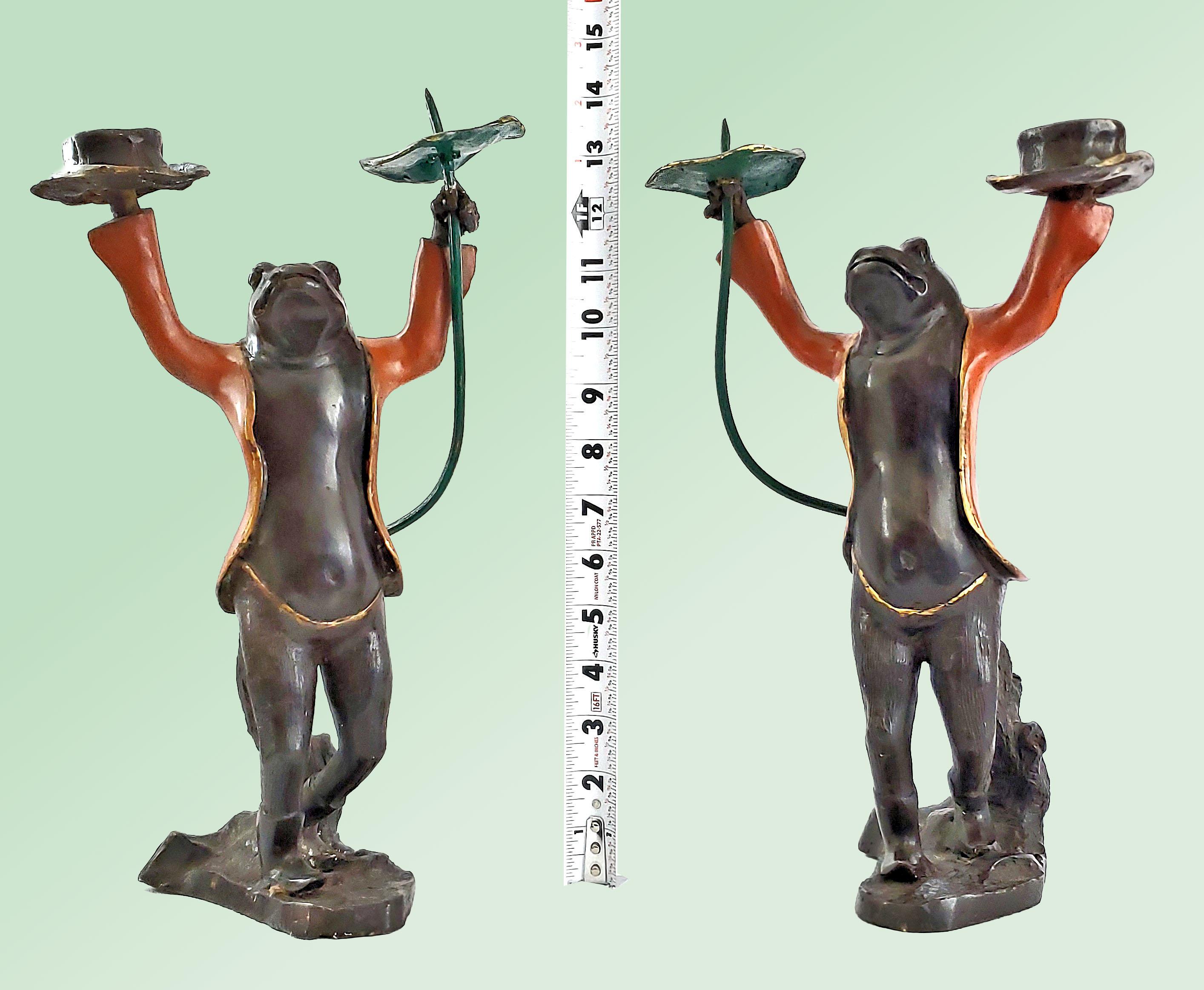 American Mid 20th Century Tall Frog Candlesticks Painted Bronze Patina Book Match Pair For Sale