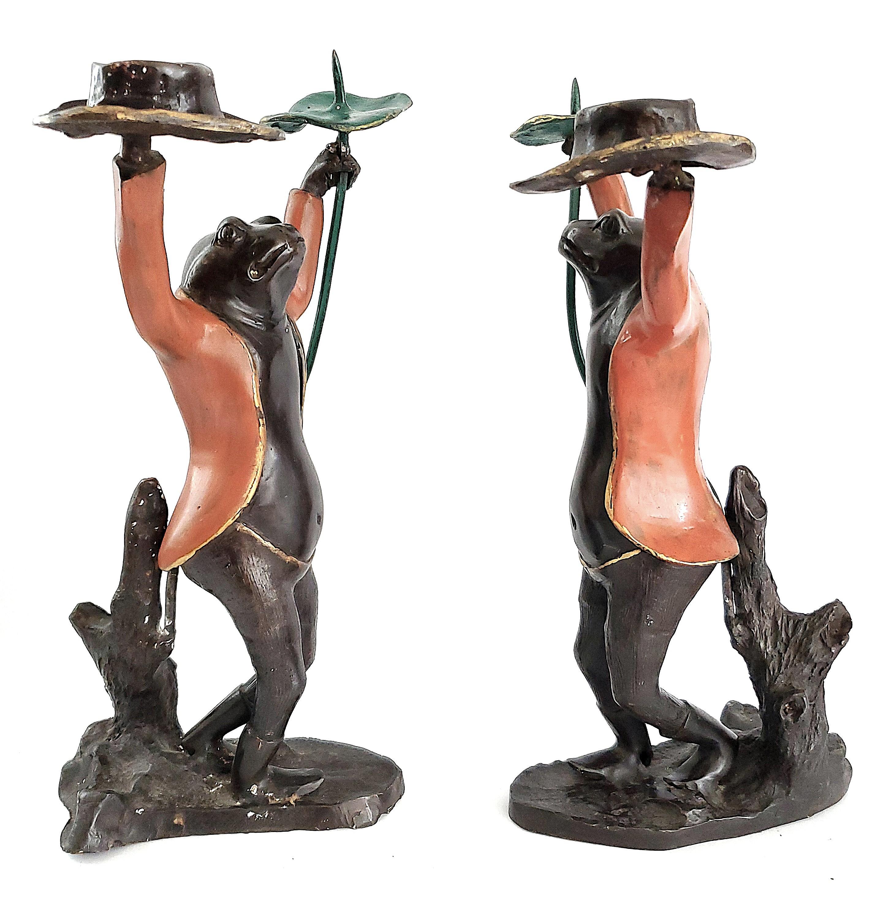Metalwork Mid 20th Century Tall Frog Candlesticks Painted Bronze Patina Book Match Pair For Sale