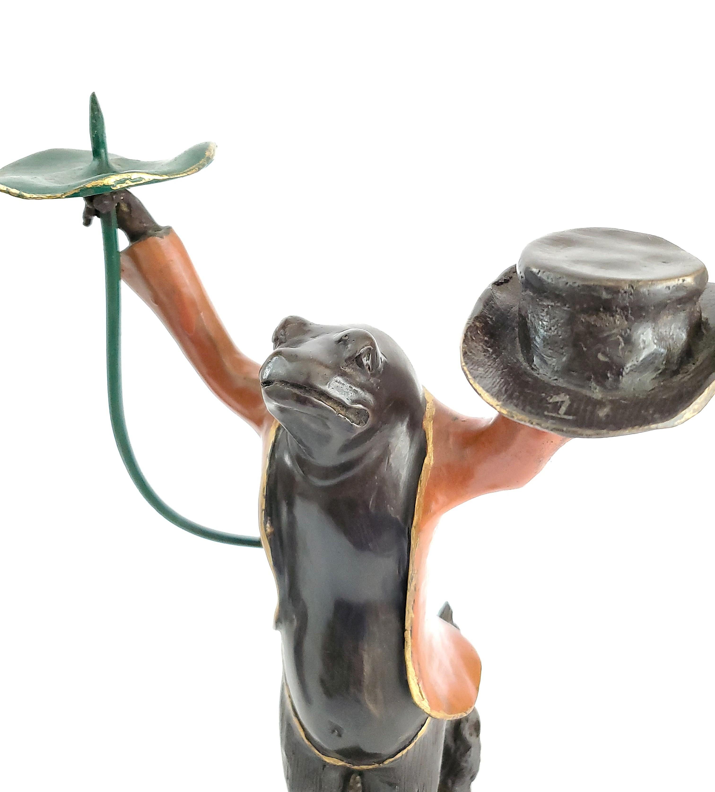 Mid 20th Century Tall Frog Candlesticks Painted Bronze Patina Book Match Pair For Sale 1