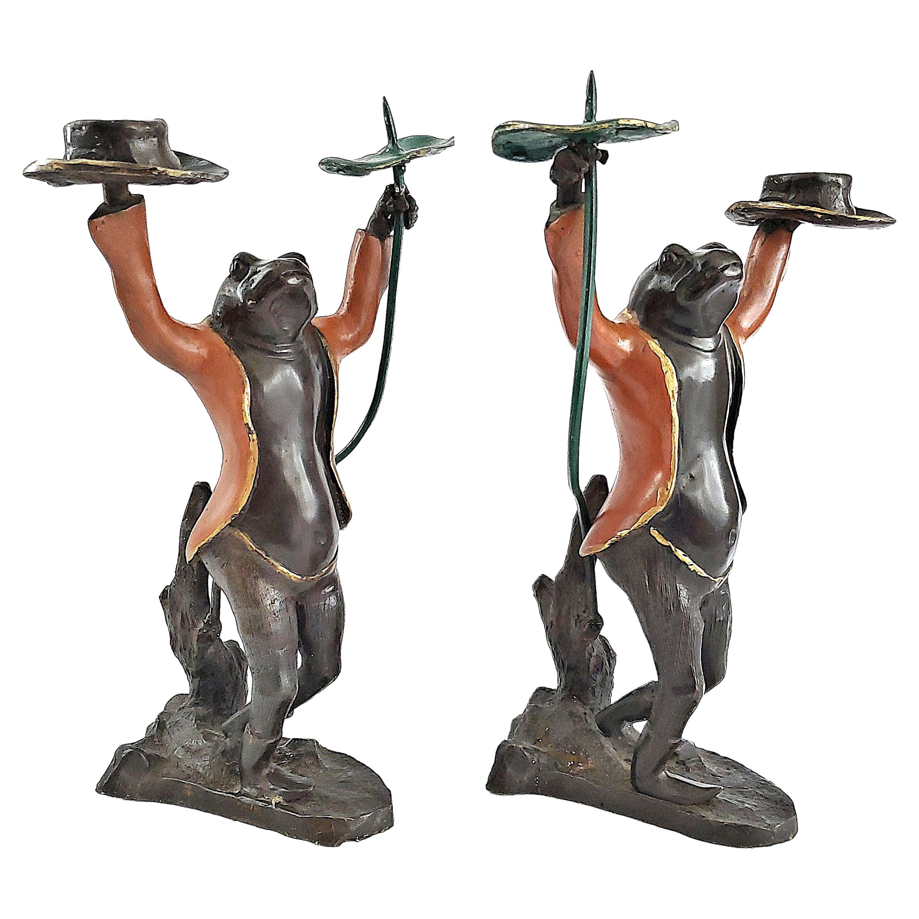Mid 20th Century Tall Frog Candlesticks Painted Bronze Patina Book Match Pair For Sale