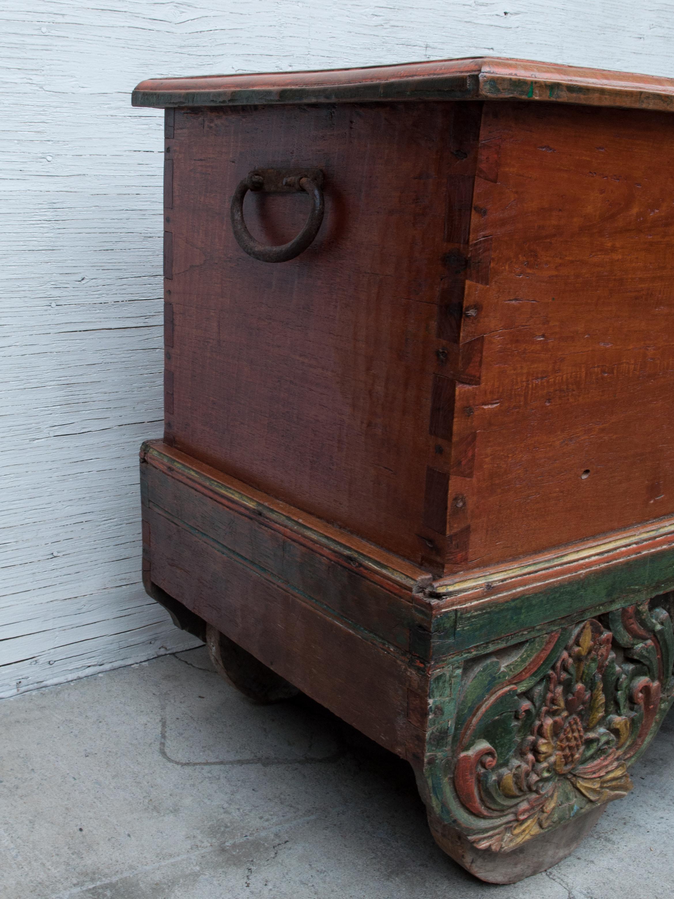 Mid-20th Century Teak Chest on Wheels from Java. Original Color and Hardware. 4