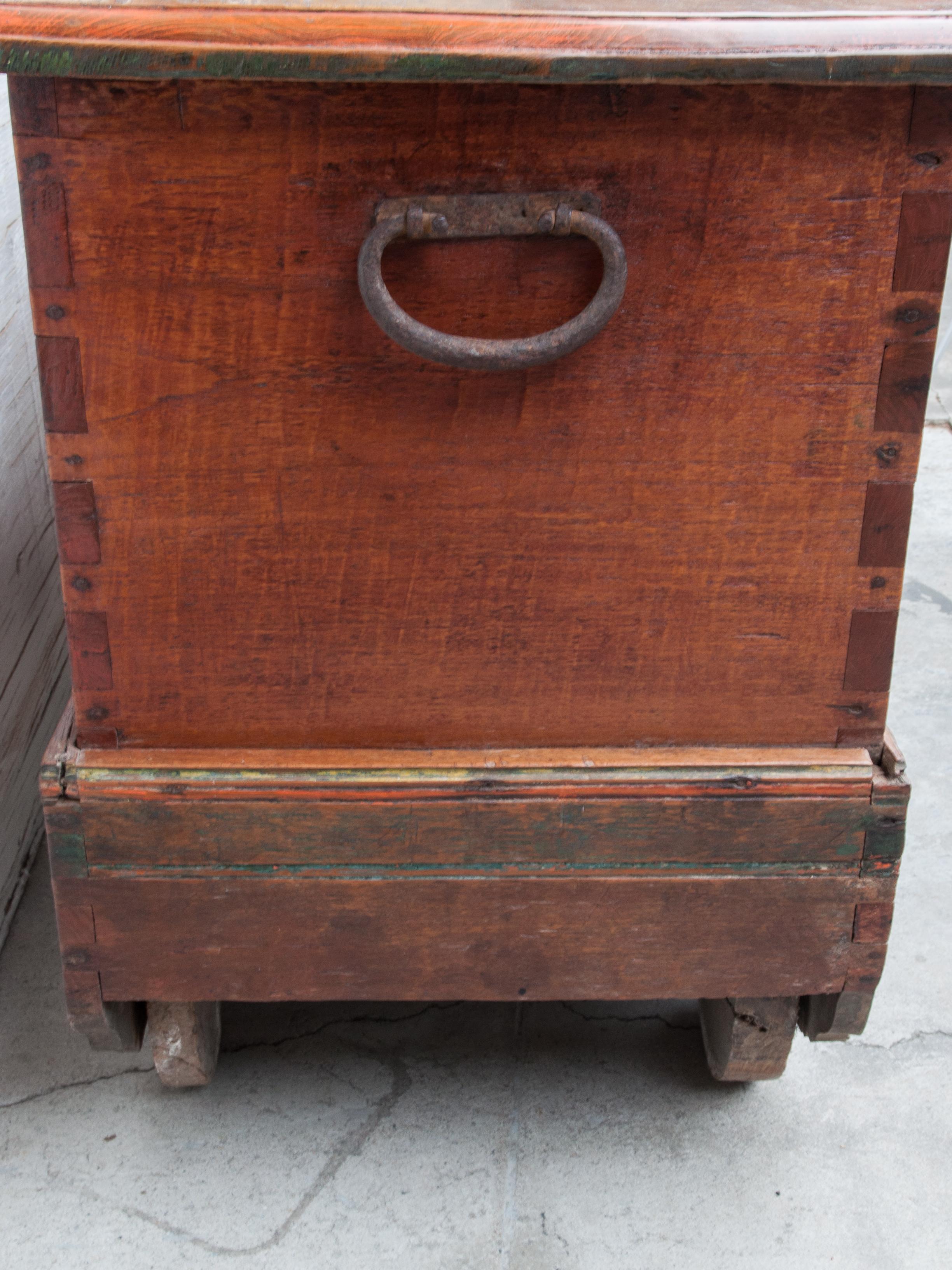 Mid-20th Century Teak Chest on Wheels from Java. Original Color and Hardware. 5