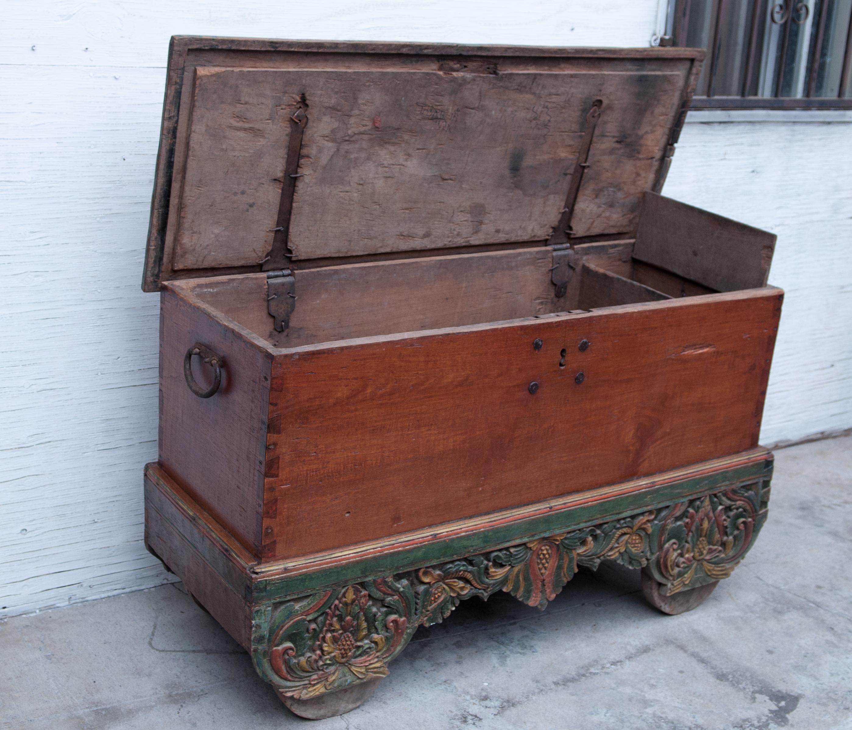 Mid-20th Century Teak Chest on Wheels from Java. Original Color and Hardware. 8