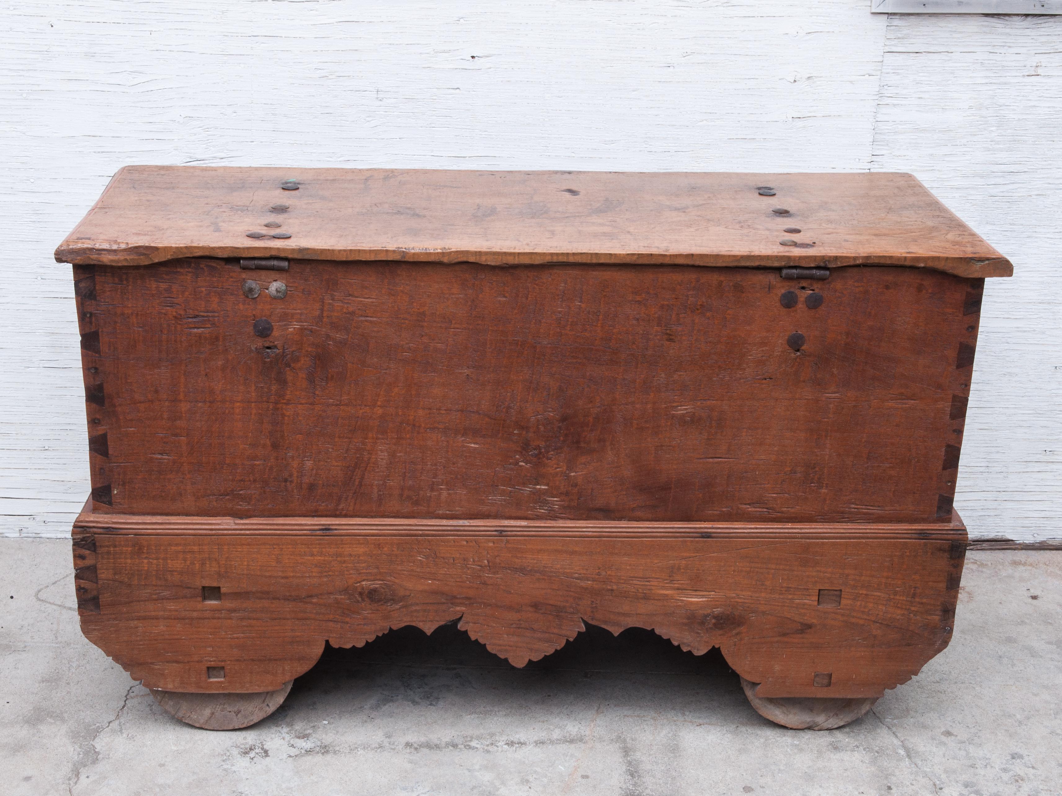 Mid-20th Century Teak Chest on Wheels from Java. Original Color and Hardware. 12