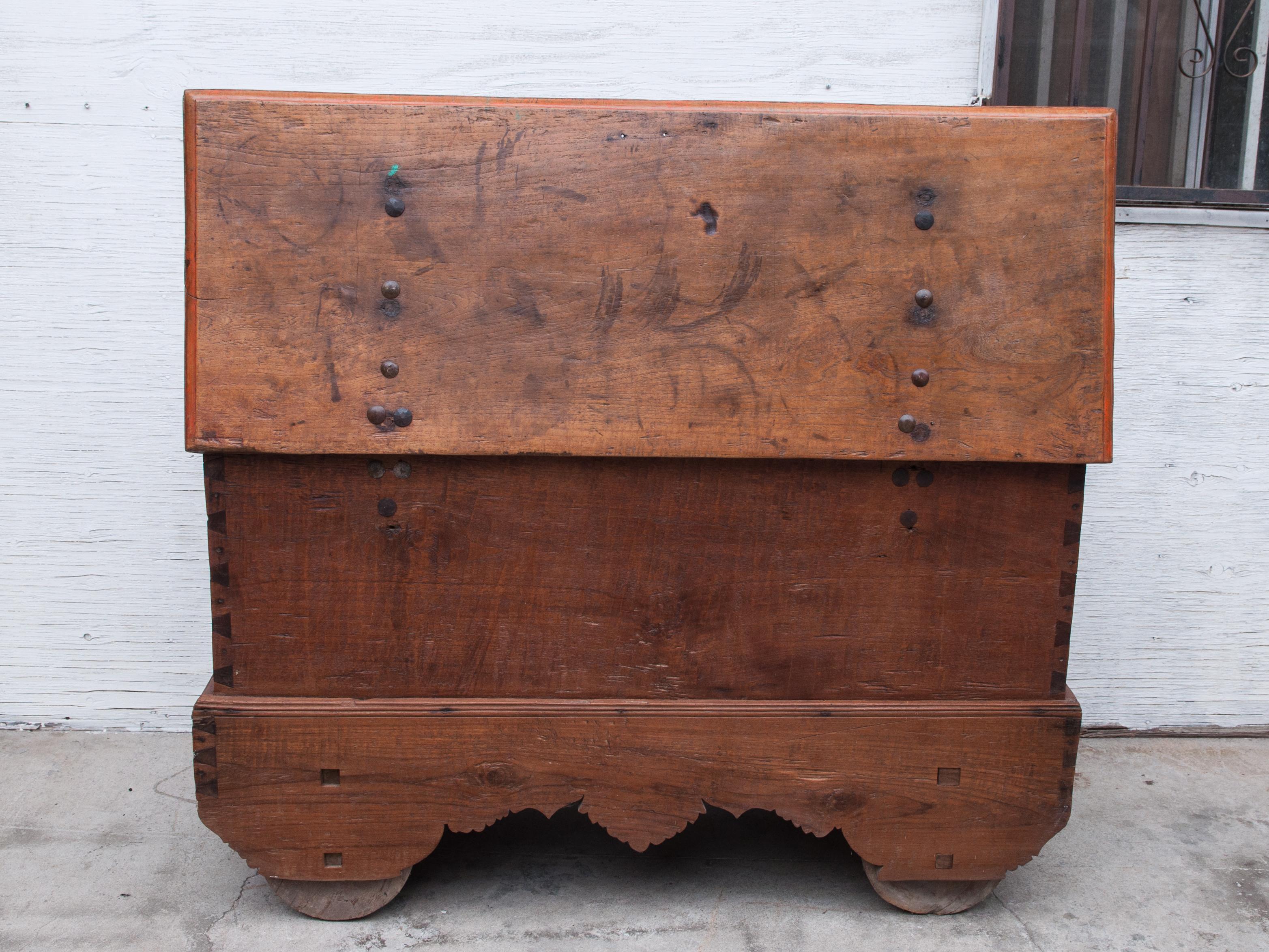 Mid-20th Century Teak Chest on Wheels from Java. Original Color and Hardware. 13