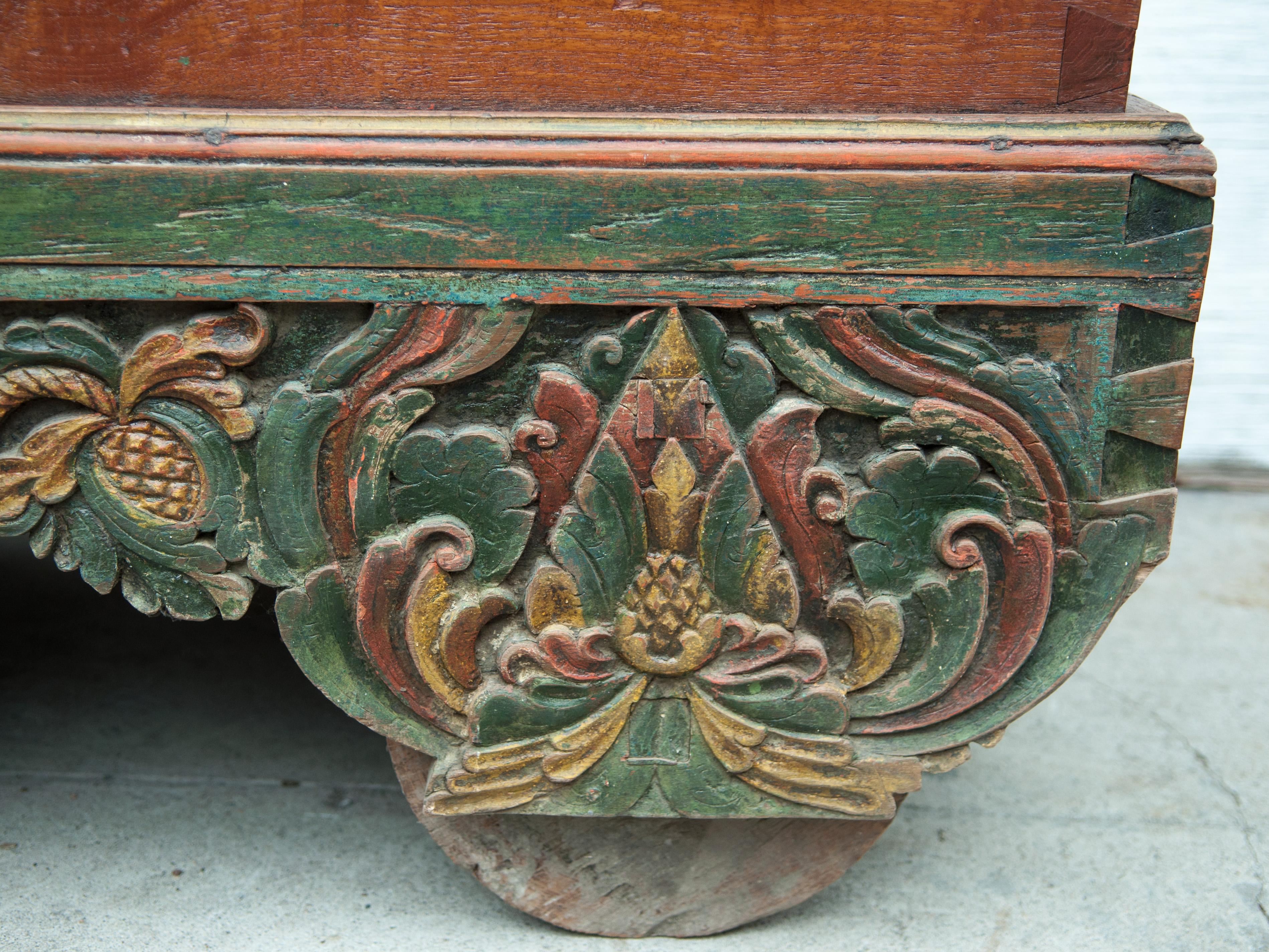 Javanese Mid-20th Century Teak Chest on Wheels from Java. Original Color and Hardware.