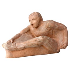 Mid-20th Century Terracotta Art Sculpture Naked Man Athlete L Cook