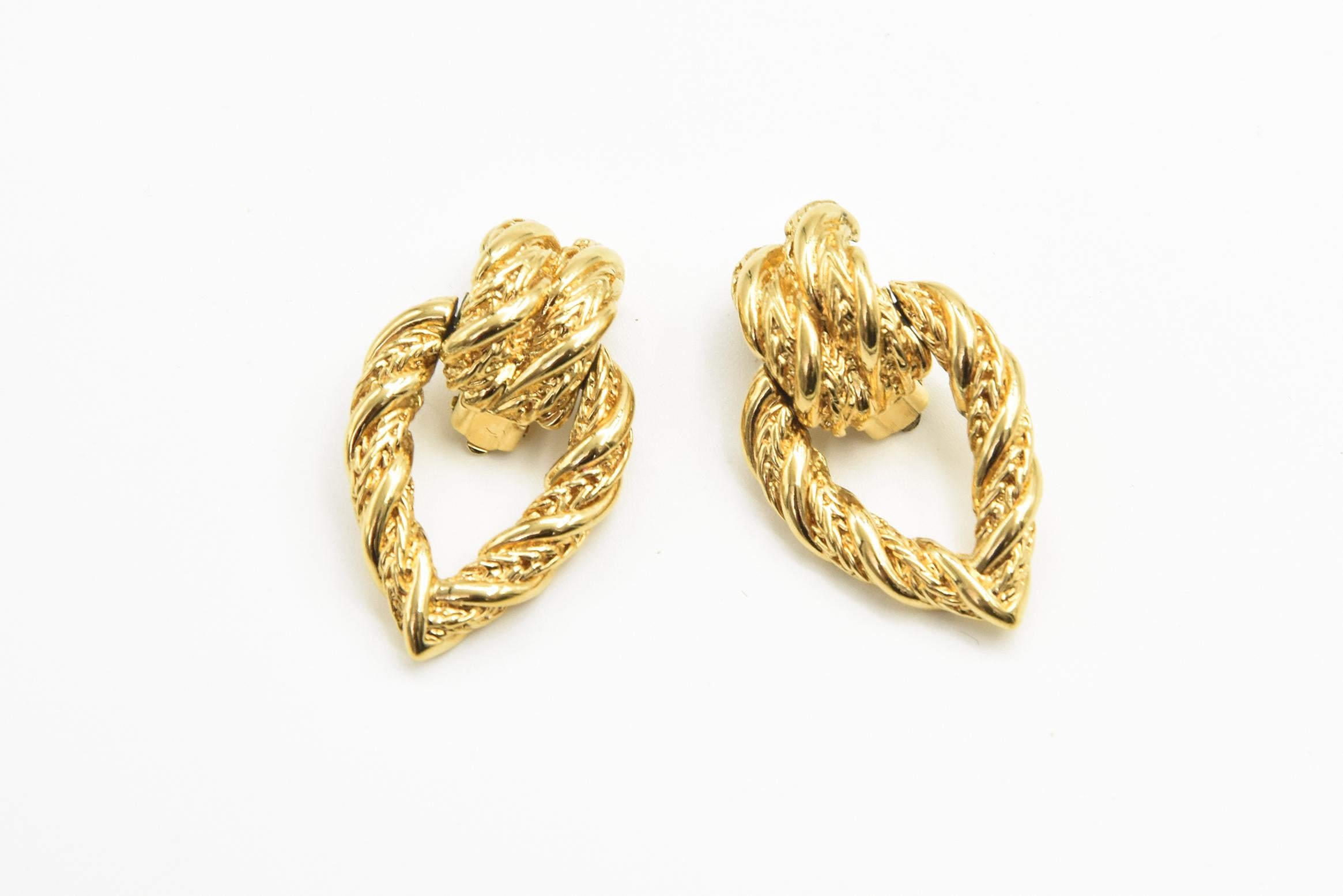 Women's or Men's Mid 20th Century Textured Stylized Gold Tone Door Knocker Clip On Drop Earrings