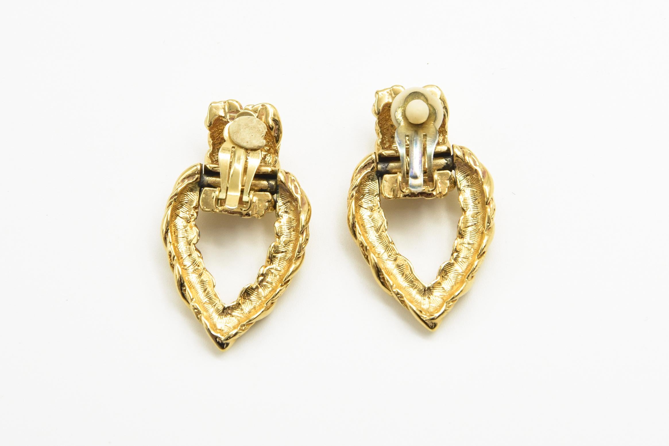 Mid 20th Century Textured Stylized Gold Tone Door Knocker Clip On Drop Earrings 1