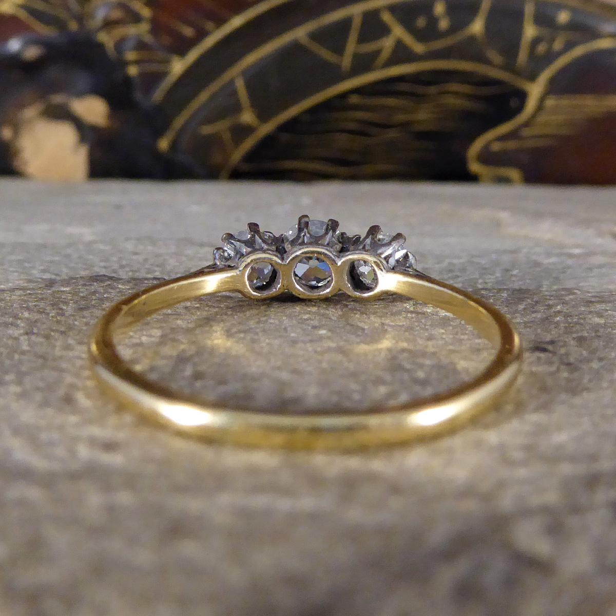 Old European Cut Mid-20th Century Three Stone 0.76 Carat Diamond Ring in 18 Carat Yellow Gold