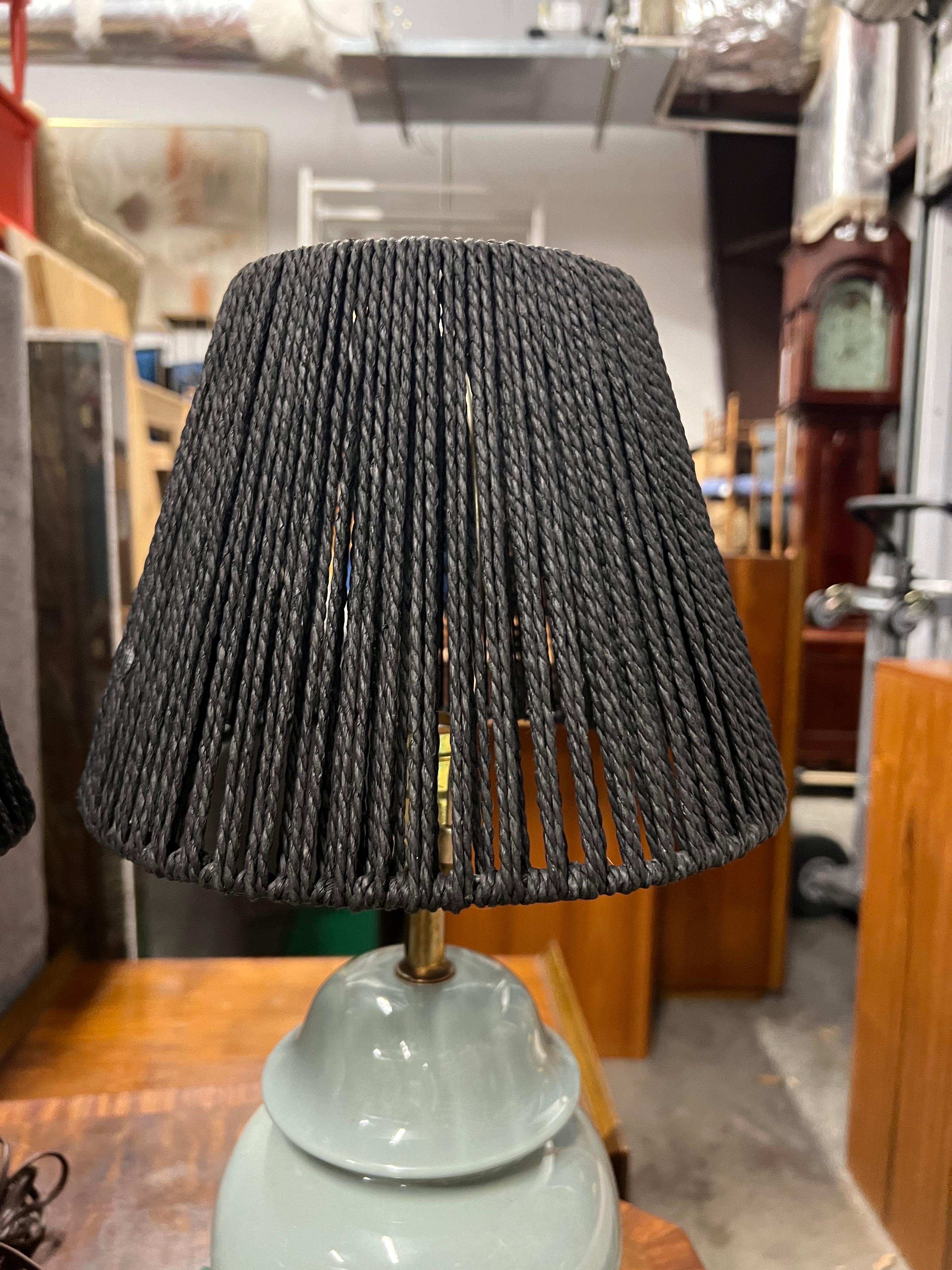 Mid-20th Century Tiffany Blue Table Lamps With Woven Shades - a Pair In Good Condition For Sale In Charleston, SC