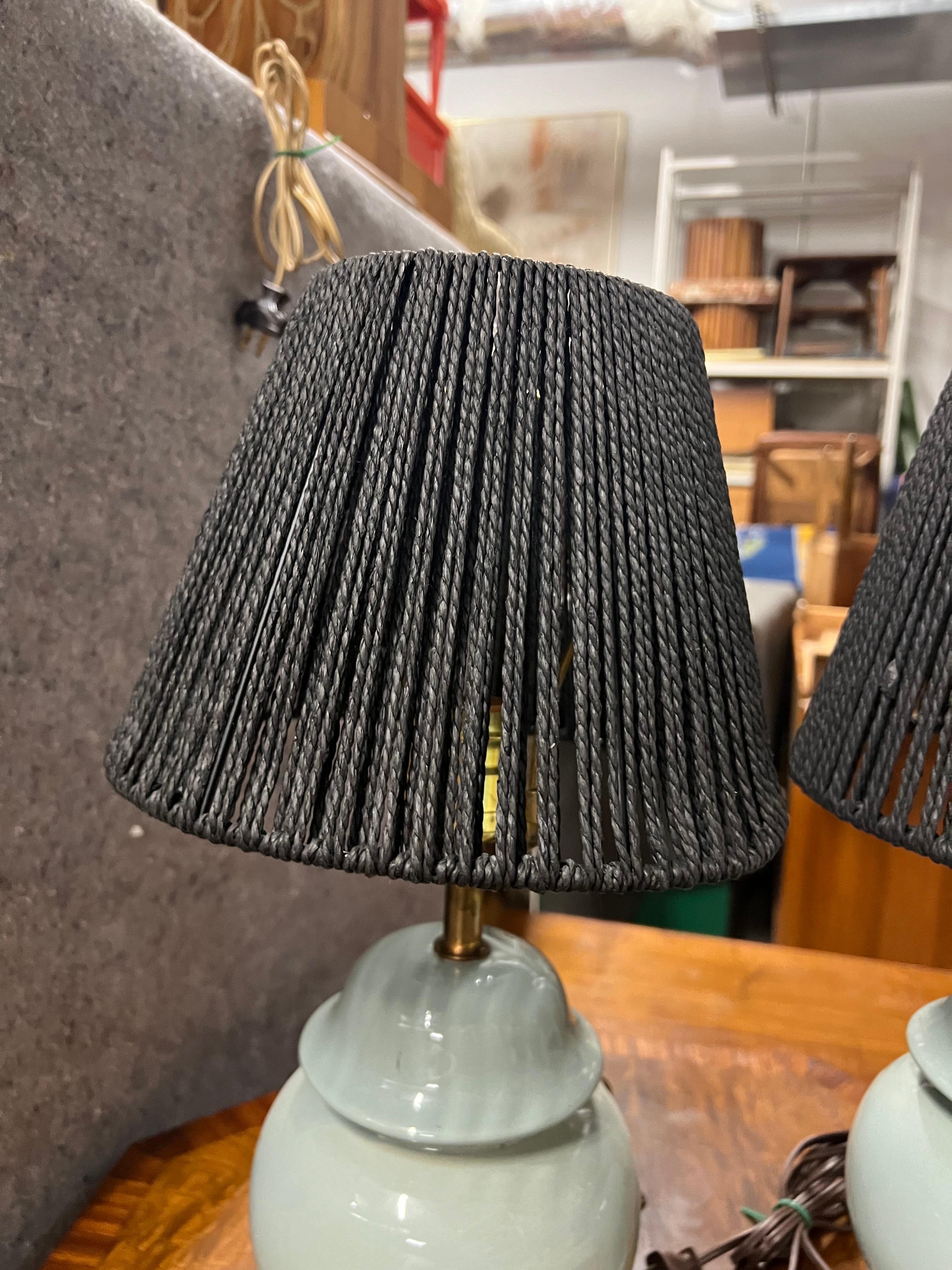 Metal Mid-20th Century Tiffany Blue Table Lamps With Woven Shades - a Pair For Sale