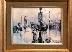 Escena callejera de París de mediados del siglo XX pintada al tolete en marco dorado Firmado Palmer
