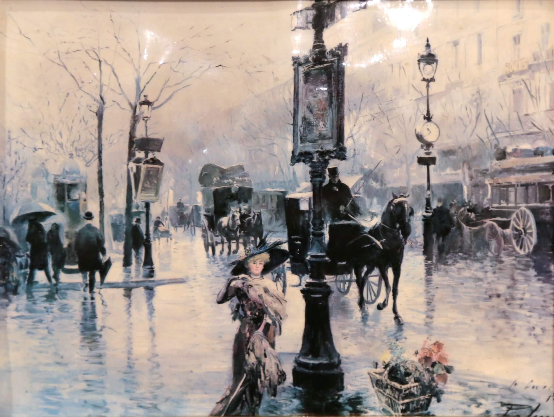 French Mid-20th Century Tole Painted Paris Street Scene in Gilt Frame Signed Palmer For Sale