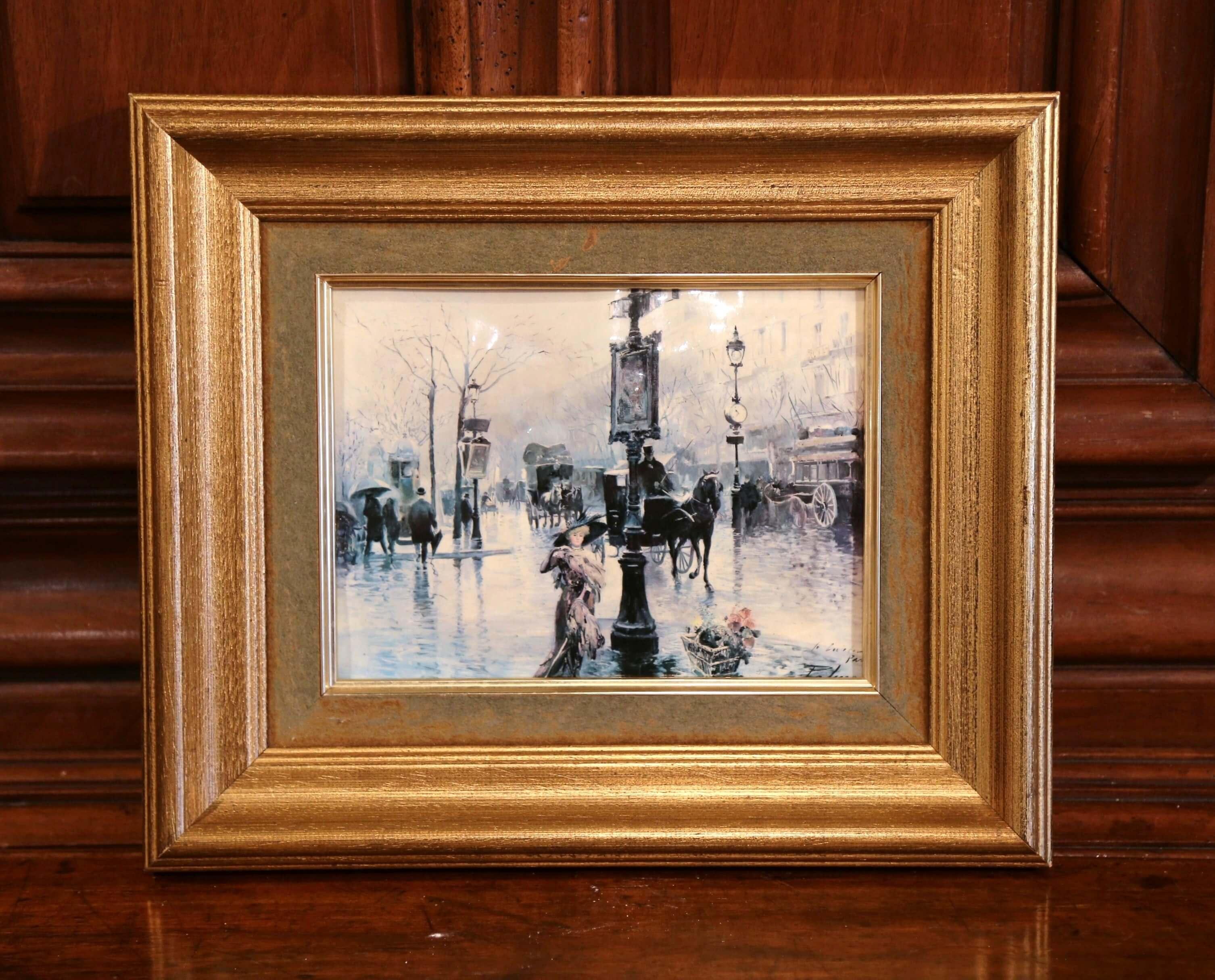 Hand-Painted Mid-20th Century Tole Painted Paris Street Scene in Gilt Frame Signed Palmer For Sale