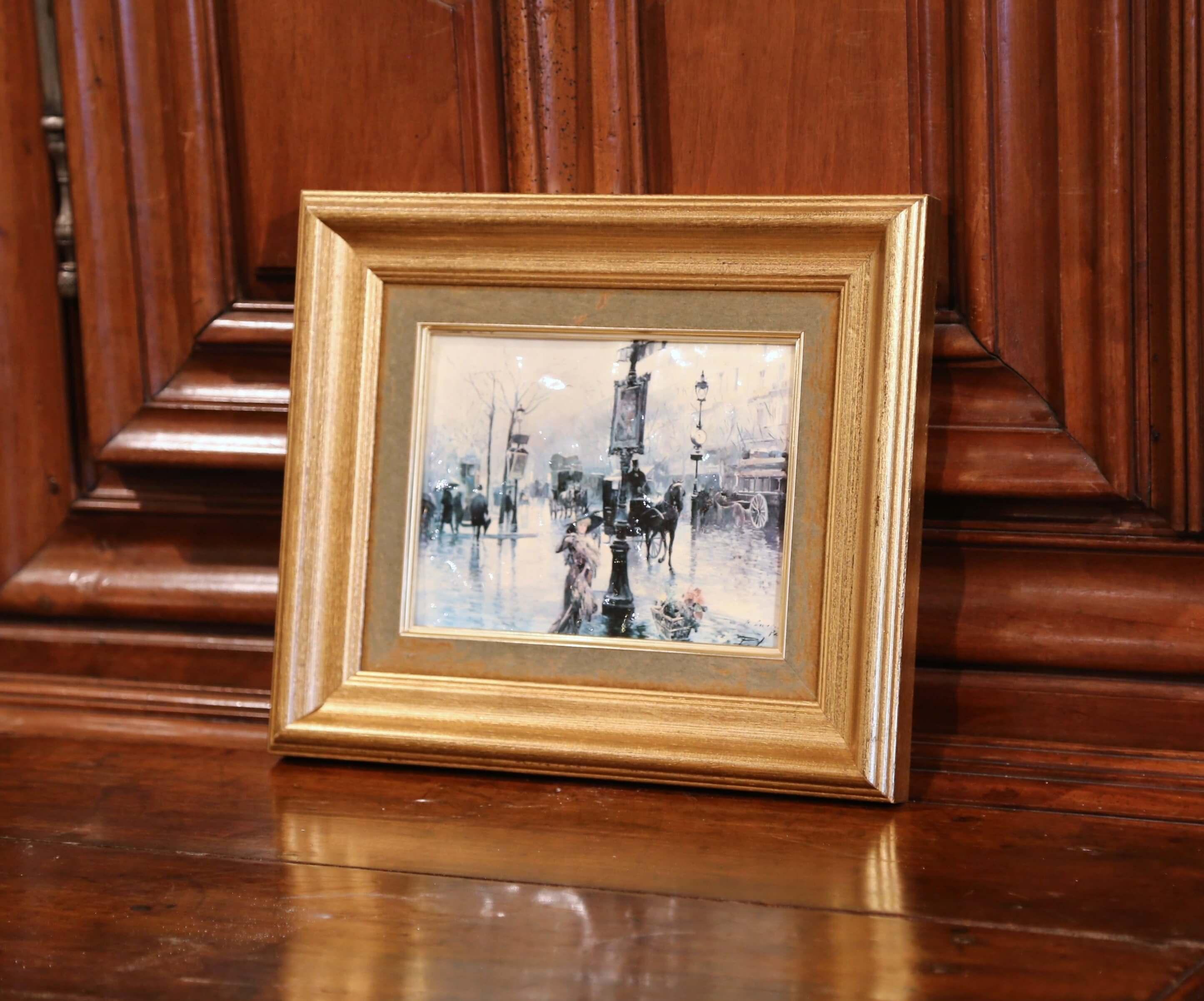 Mid-20th Century Tole Painted Paris Street Scene in Gilt Frame Signed Palmer In Excellent Condition For Sale In Dallas, TX