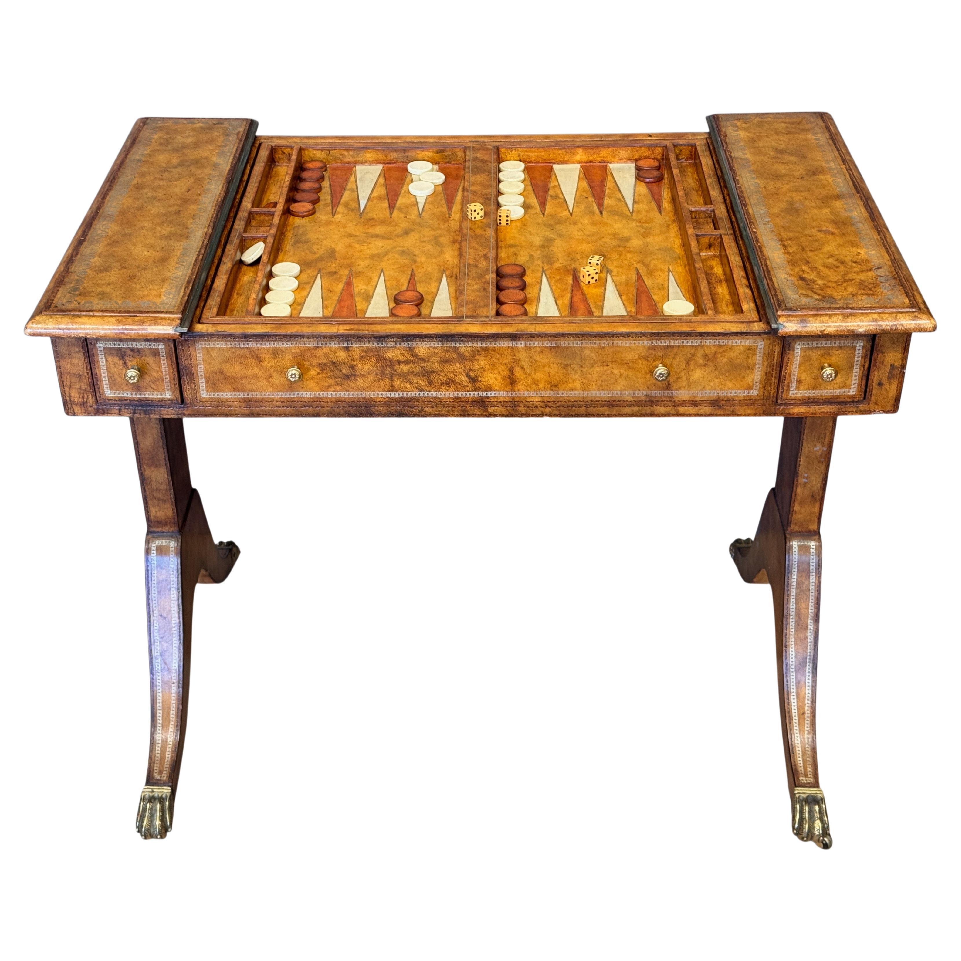 Mid-20th Century Tooled Leather-Clad Games Table For Sale